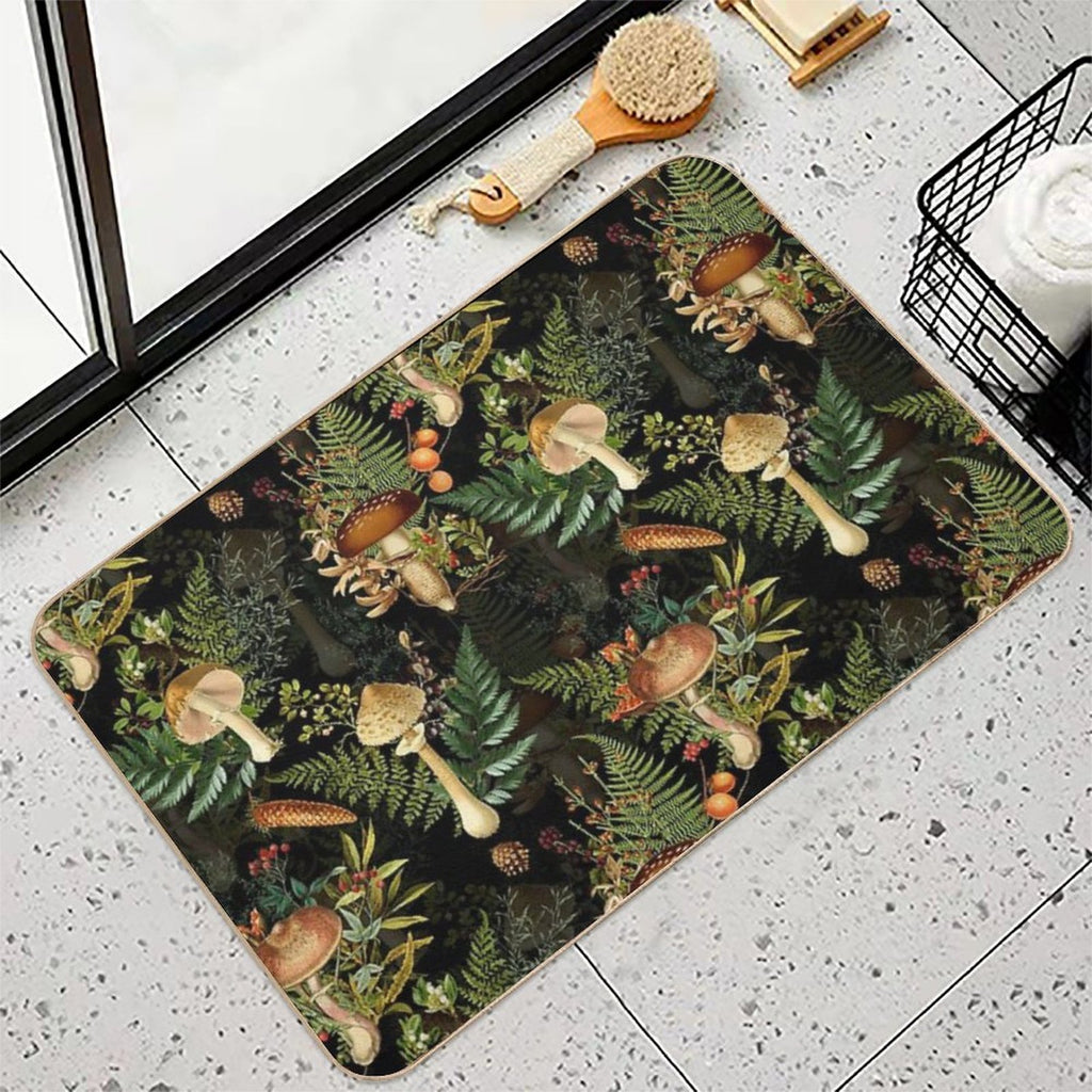 Vintage Toxic Midnight Mushrooms Forest Botanical Night Garden Pattern on Black Nightgarden  Toxin-Free Bath Mat