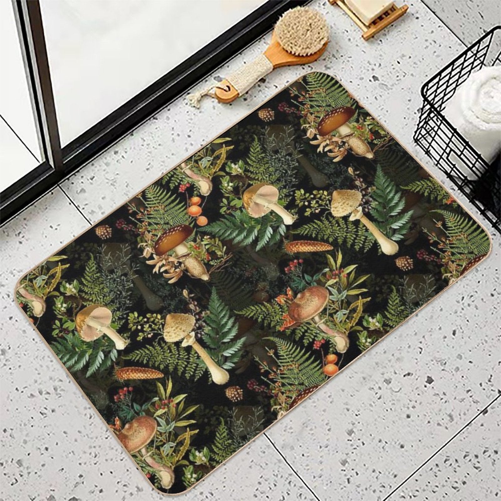 Vintage Toxic Midnight Mushrooms Forest Botanical Night Garden Pattern on Black Nightgarden  Toxin-Free Bath Mat