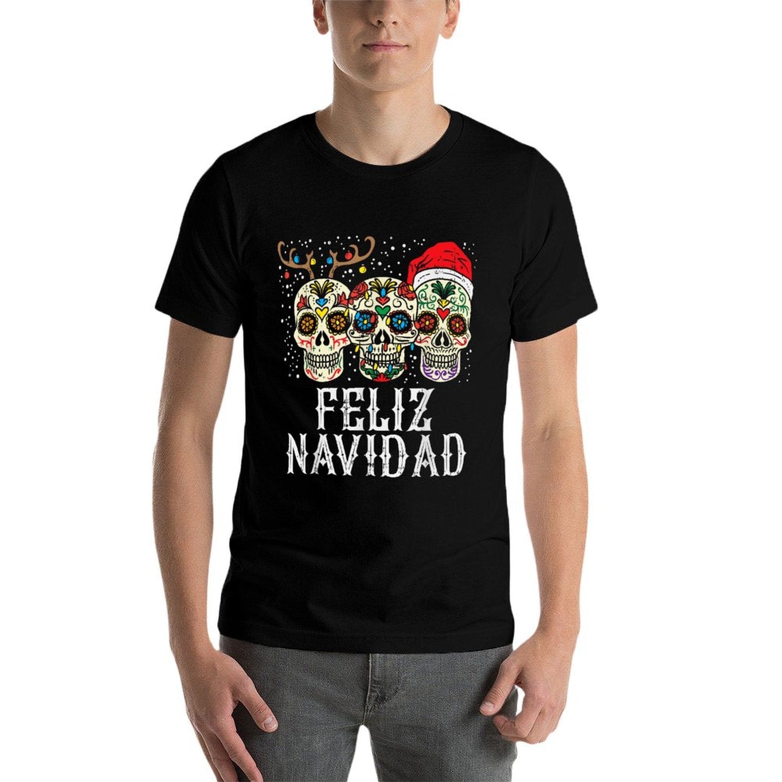 Feliz Navidad Sugar Skulls Reindeer Santa Mexican Christmas  Easy-care T-Shirt