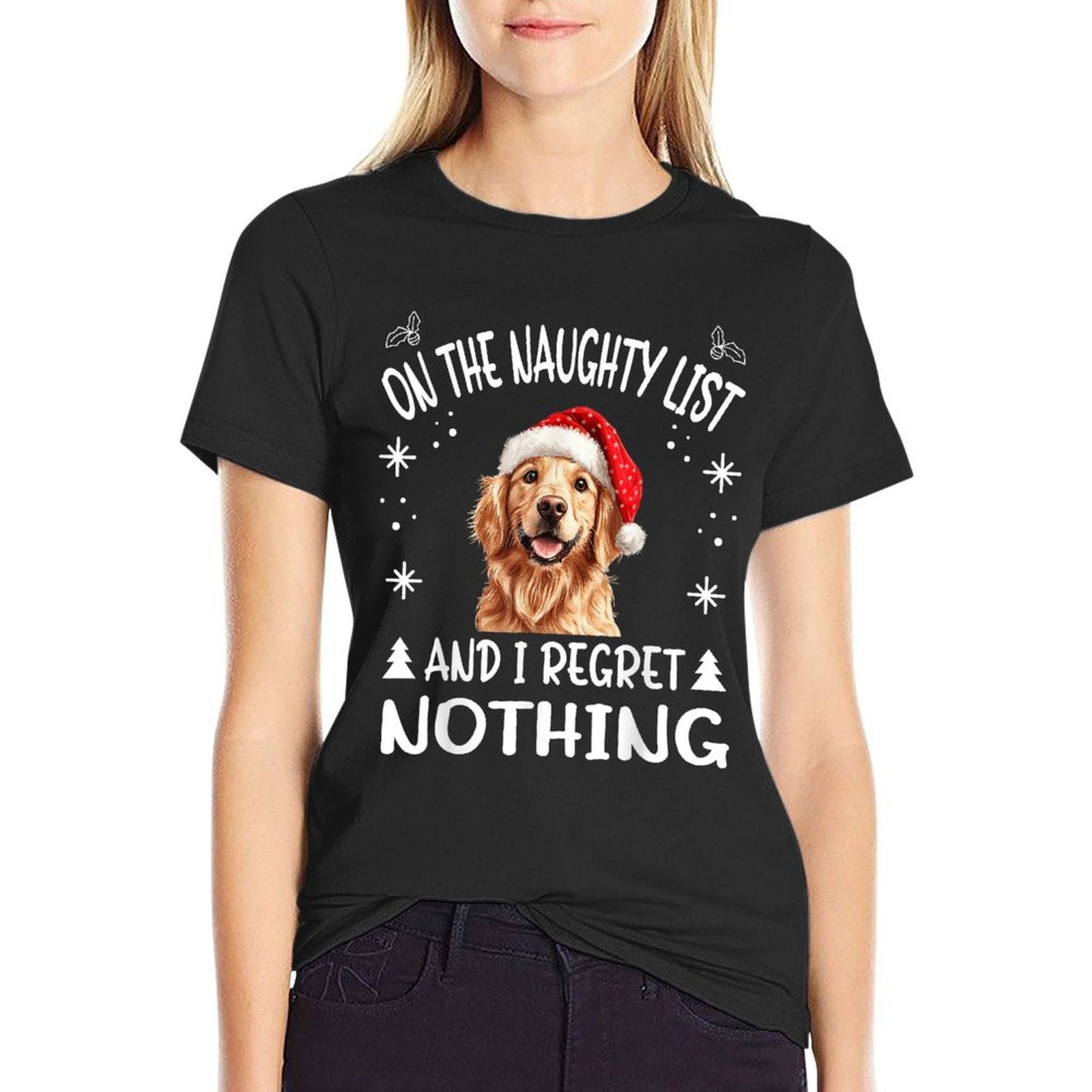 Cute Golden Retriever Dog Christmas On The Naughty List And  Rolled Sleeves T-Shirt