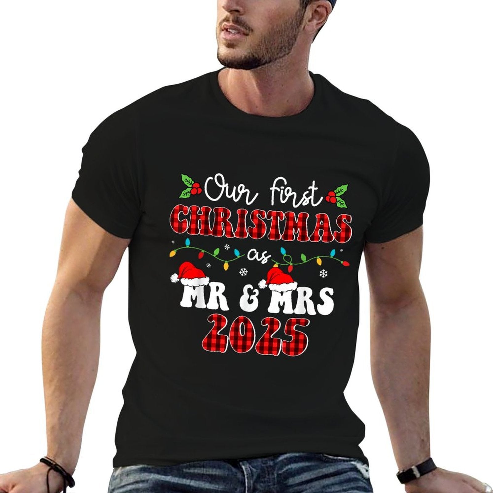 Groovy Our First Christmas As Mr  Mrs 2025 Couples Pajamas  Slim-fit Cut T-Shirt