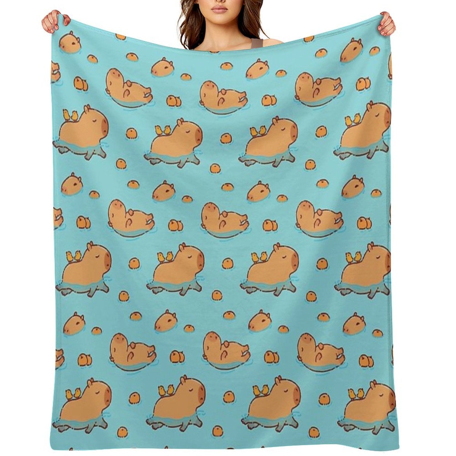 Capybara Pattern Swimming with Oranges Versatility Throw Blanket
