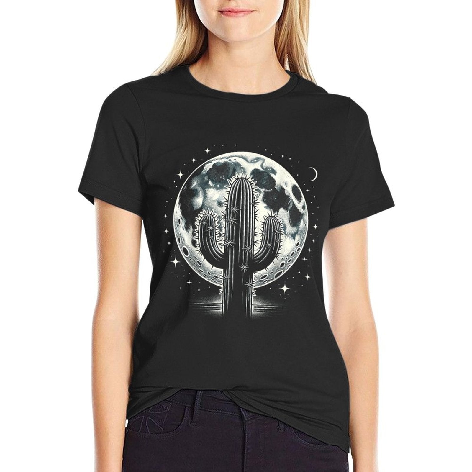 Lunar Cactus Night - Full Moon Desert Landscape  Relaxed-fit T-Shirt