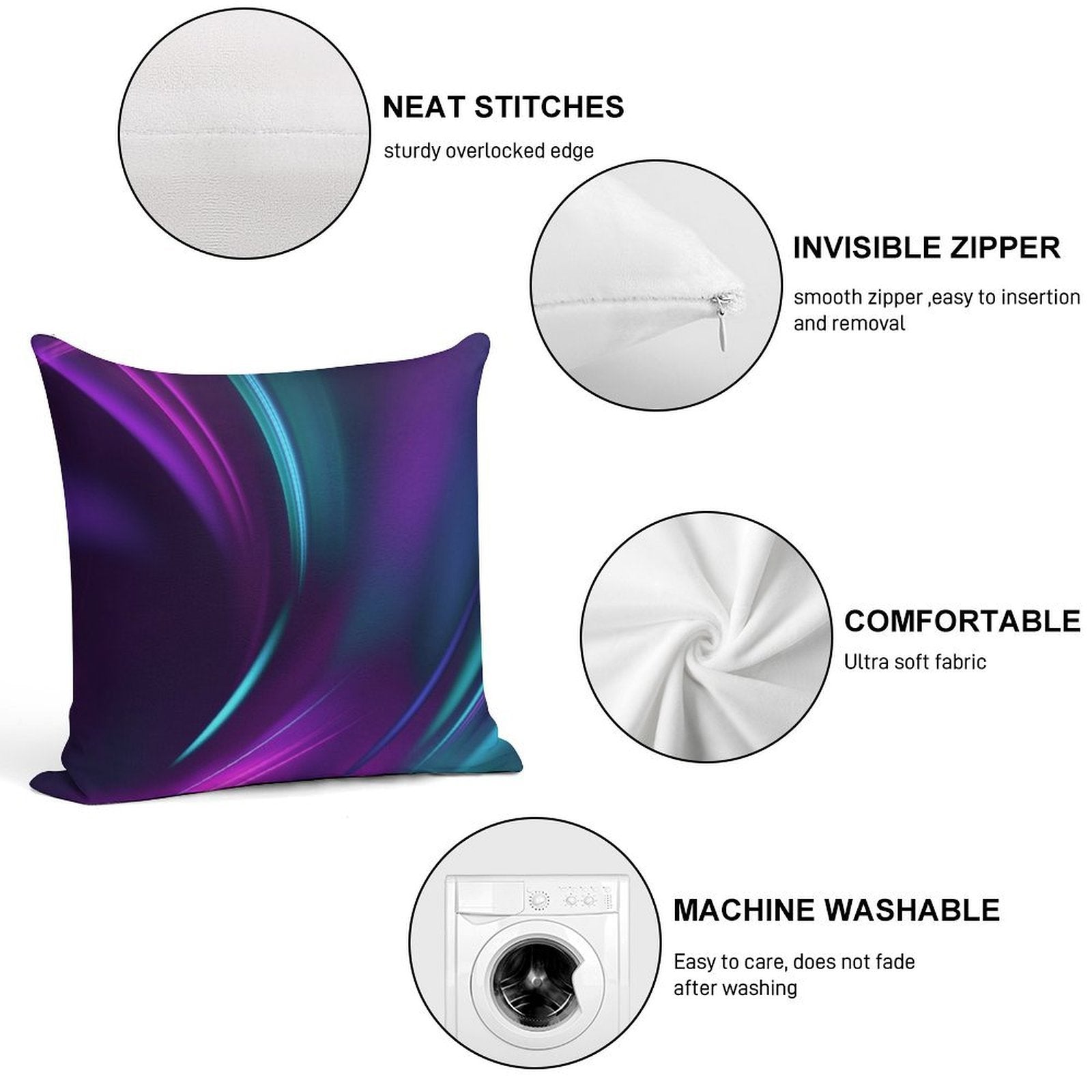 Purple Teal Swirl Soft Durable Construction Throw Pillow