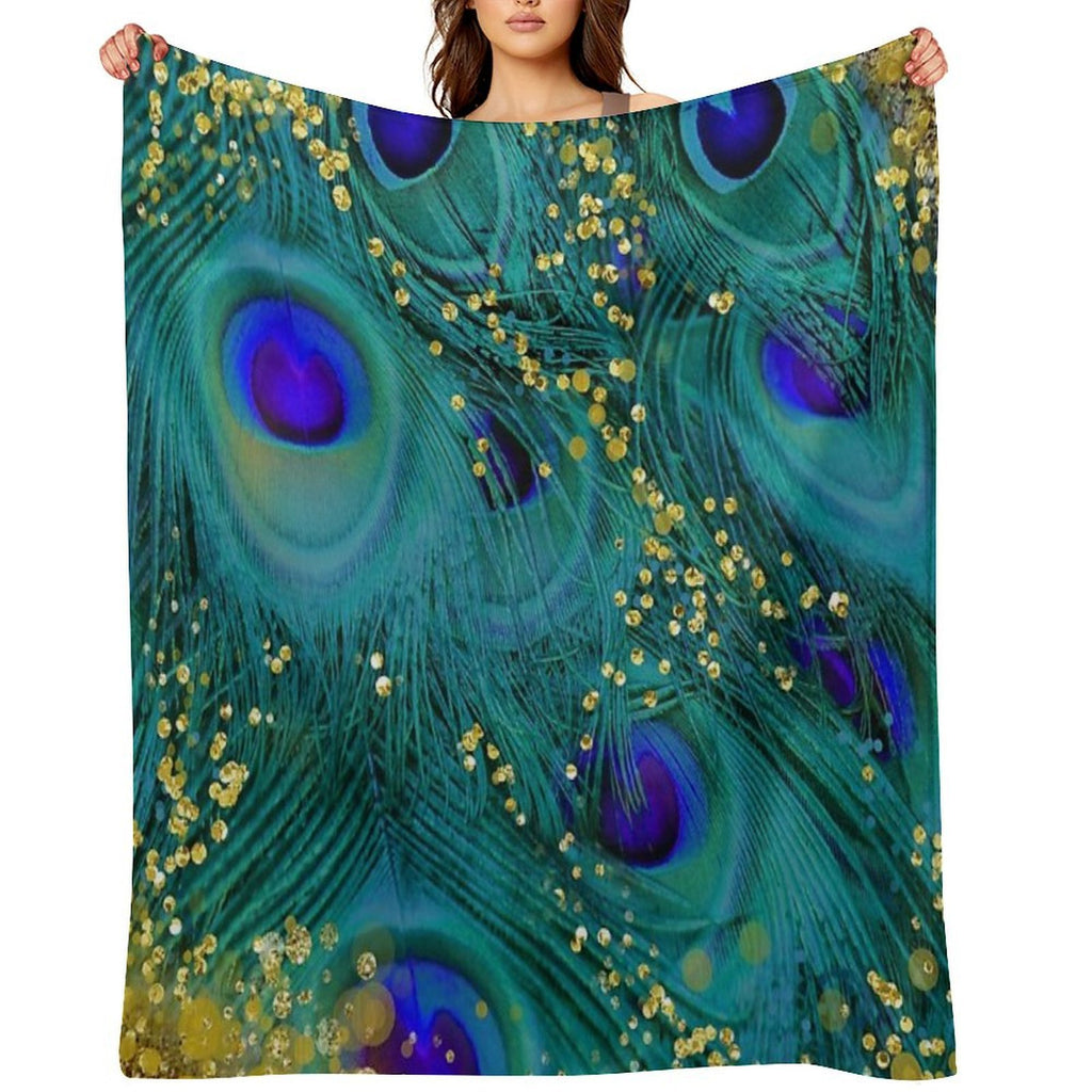 Dreamy Peacock Feathers, Teal And Purple, Glimmering Gold Shrink-resistant Throw Blanket