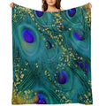 Dreamy Peacock Feathers, Teal And Purple, Glimmering Gold Shrink-resistant Throw Blanket