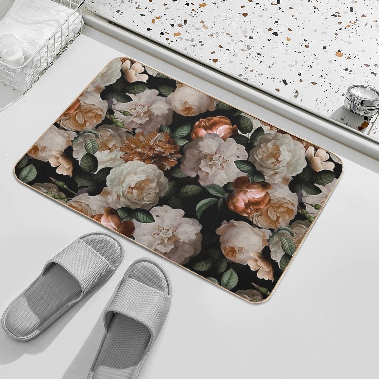 Antique Jan Davidsz. De Heem Lush Roses Flowers On Black Botanical Night GardenPattern Nightgarden  Slip-Resistant Bath Mat