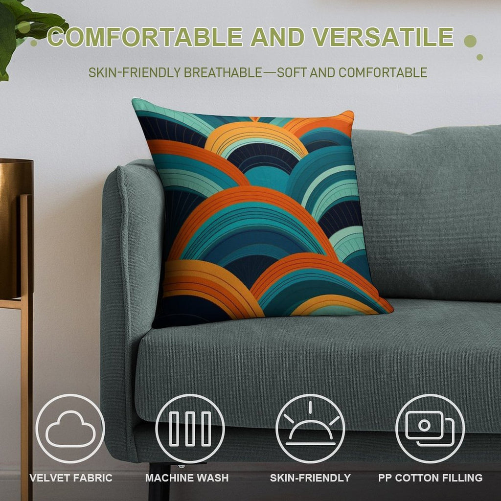 Mid-Century Dreamscape Teal And Orange Curved Lines Pattern Soft Shrink-Resistant Throw Pillow