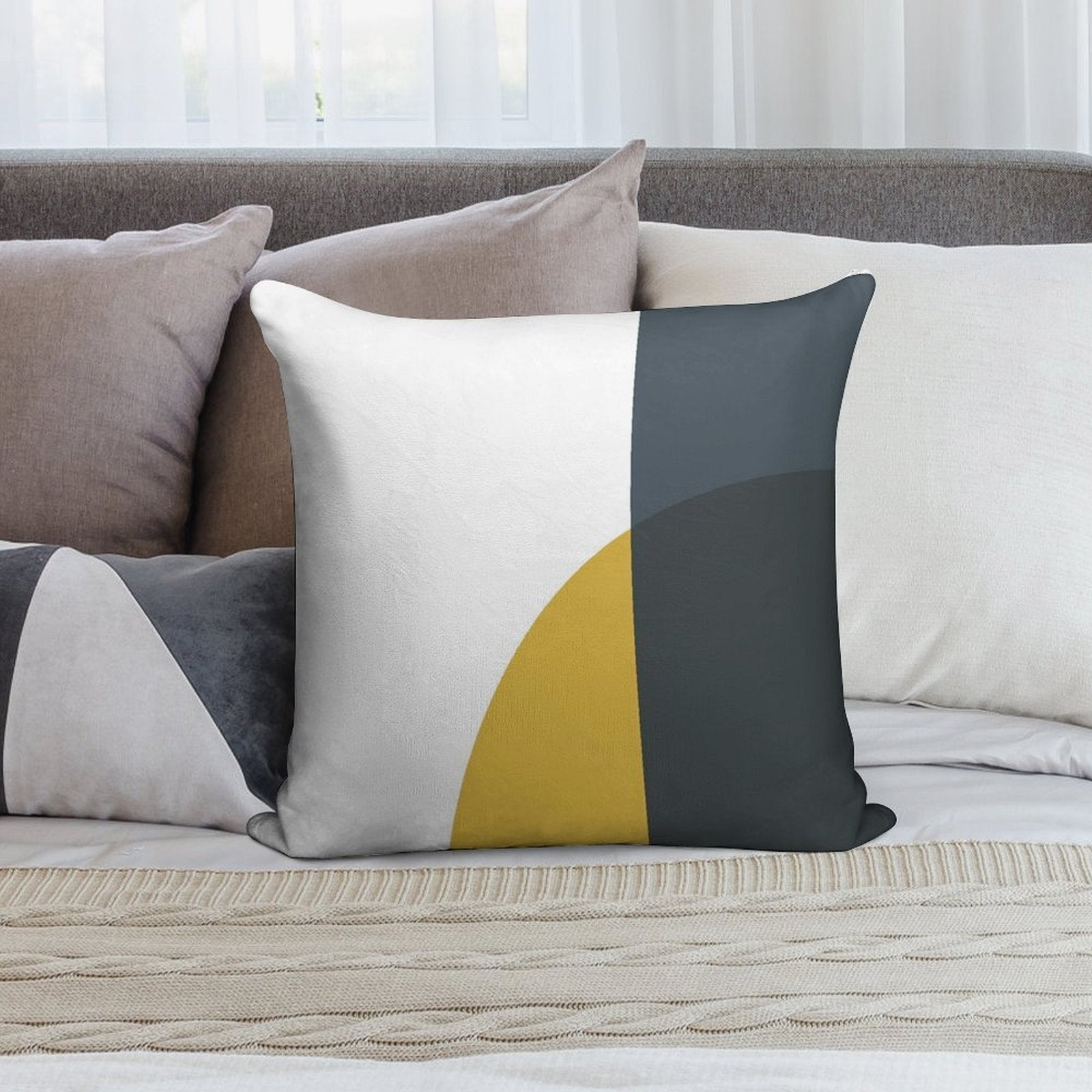 Abstract Geometric Minimalist 2 Navy Blue, Light Mustard Yellow, And White Soft Home Decor Throw Pillow