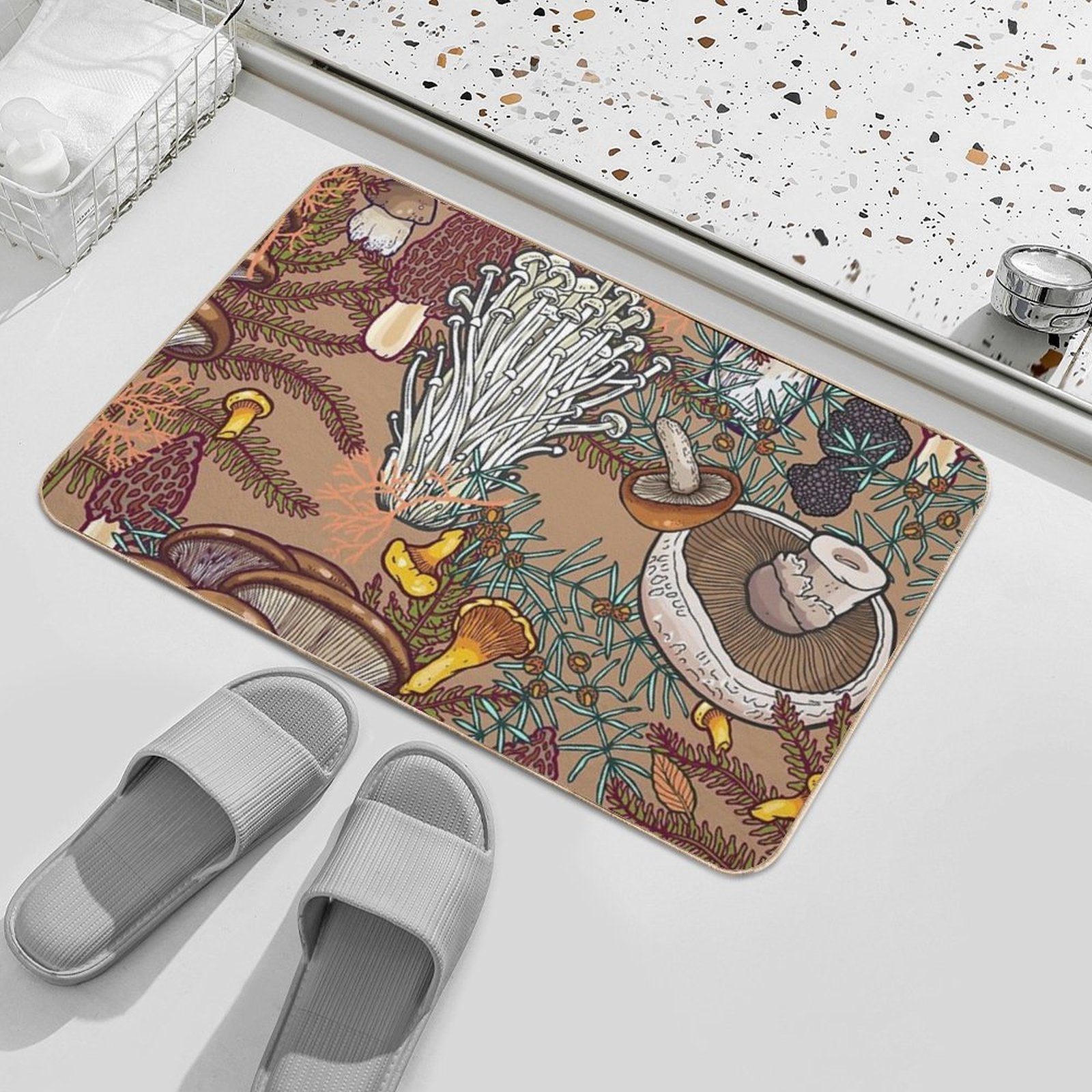 Beige Mushroom Forest  Non-Slip Bath Mat