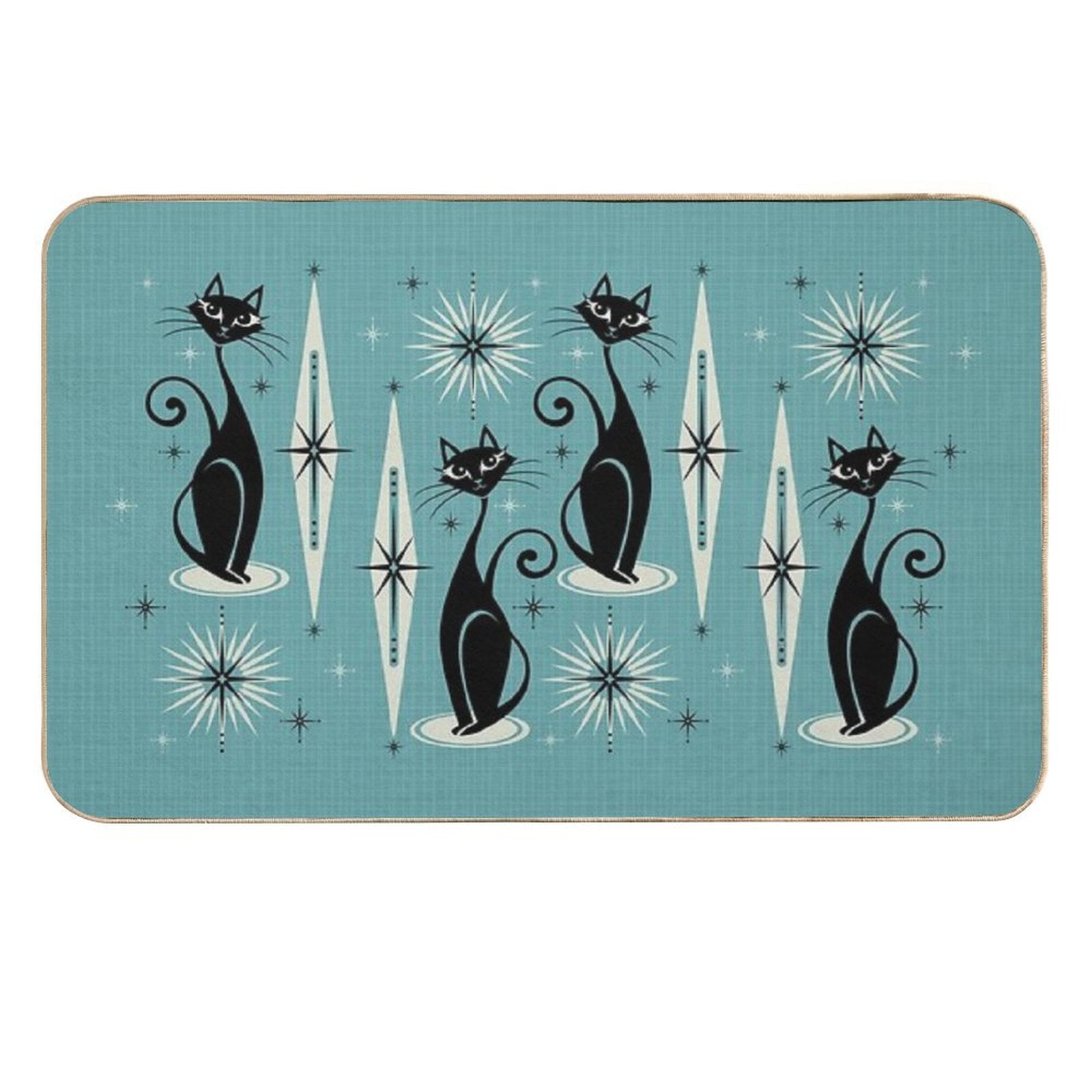 Mid Century Meow on Blue - Large Scale  Eco-Friendly Bath Mat