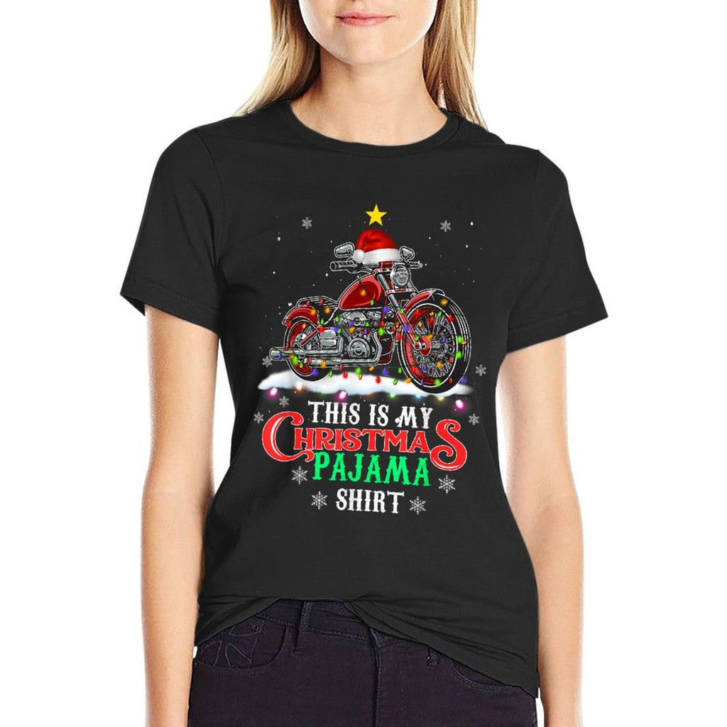 This My Christmas Pajama Funny Motorcycle Santa Hat  Rolled Sleeves T-Shirt