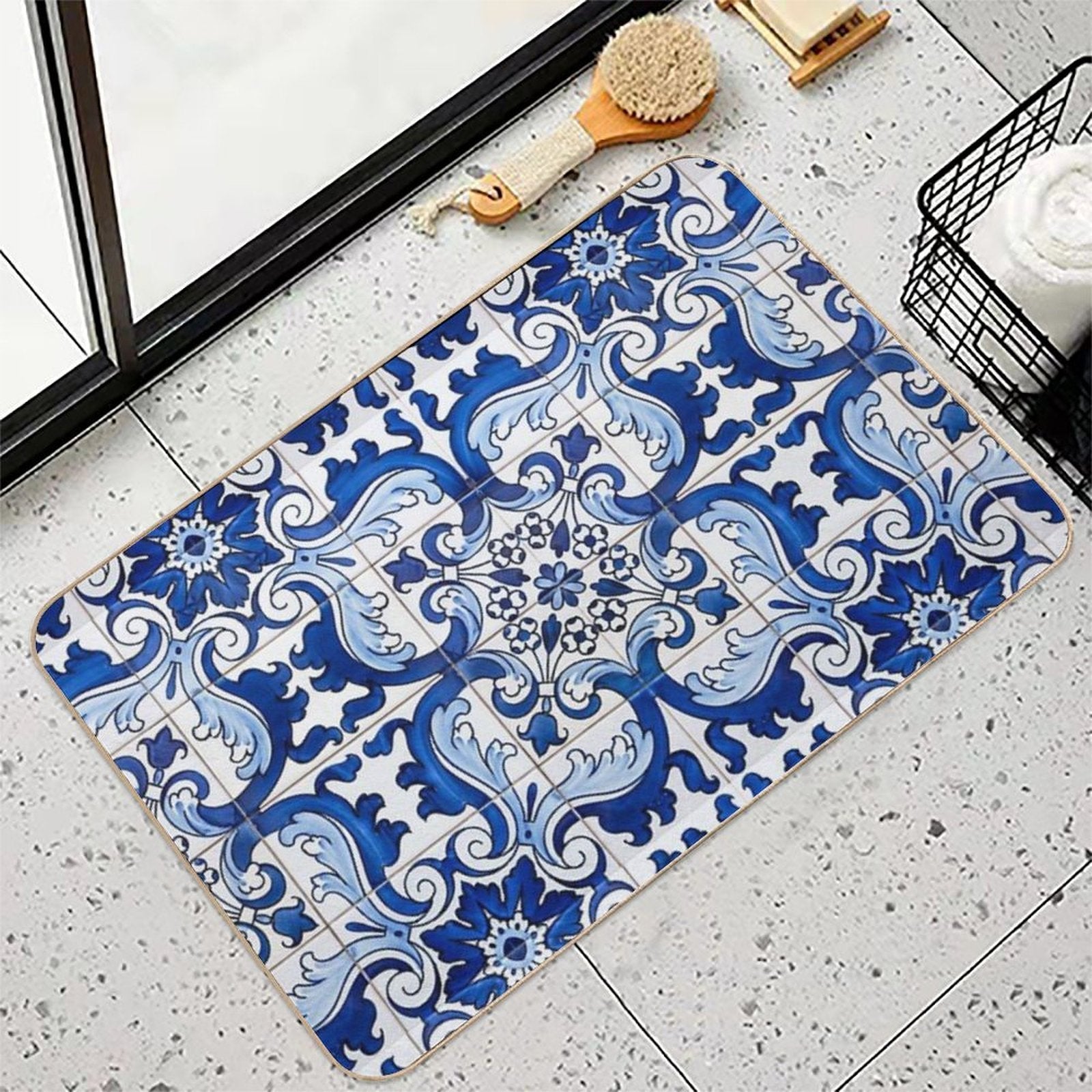 Antique Classic Lisbon Blue Azulejo Tile Floral Pattern  Pet-Safe Bath Mat