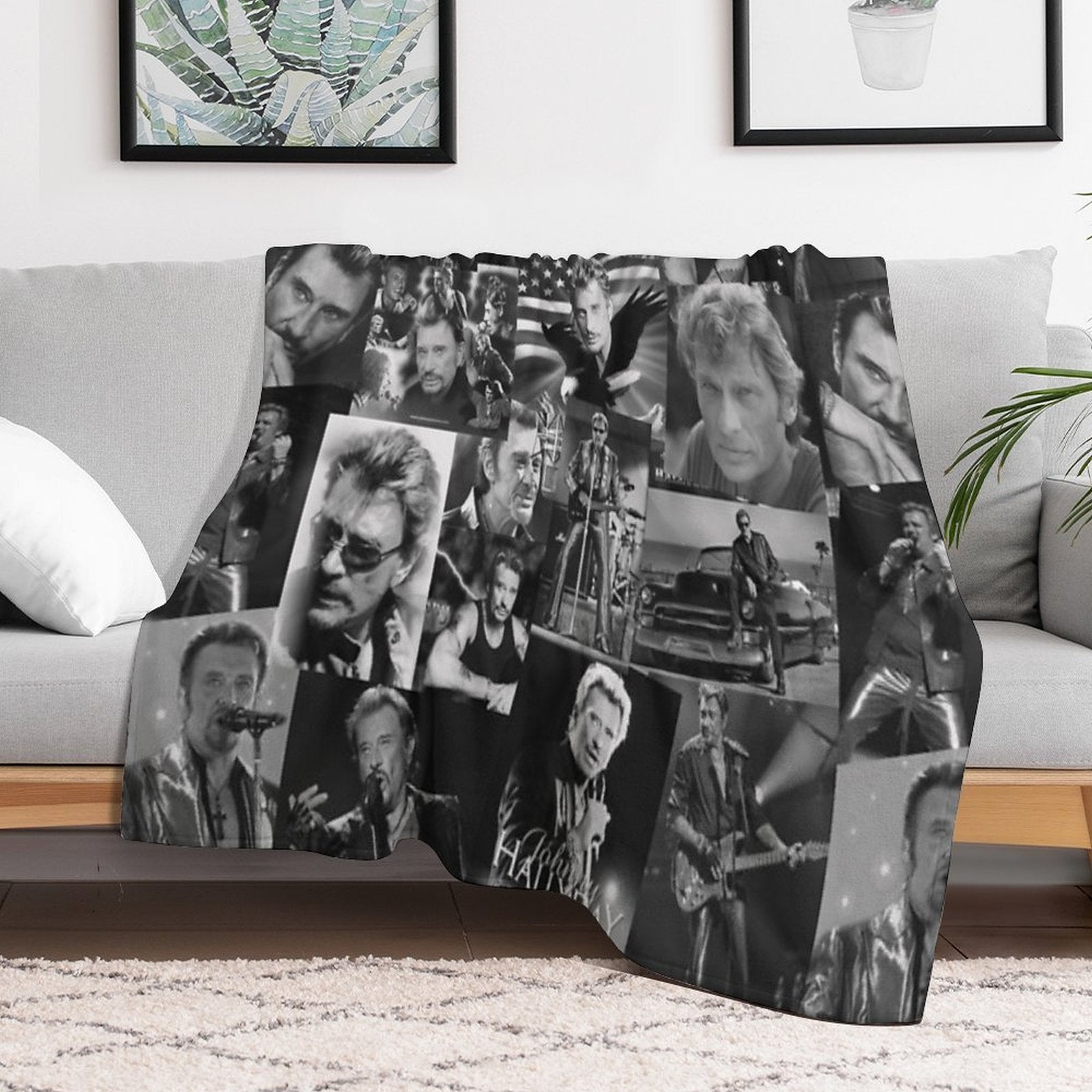 Johnny Hallyday French Singer Assorted Black And White Vintage Collage Premium Throw Blanket