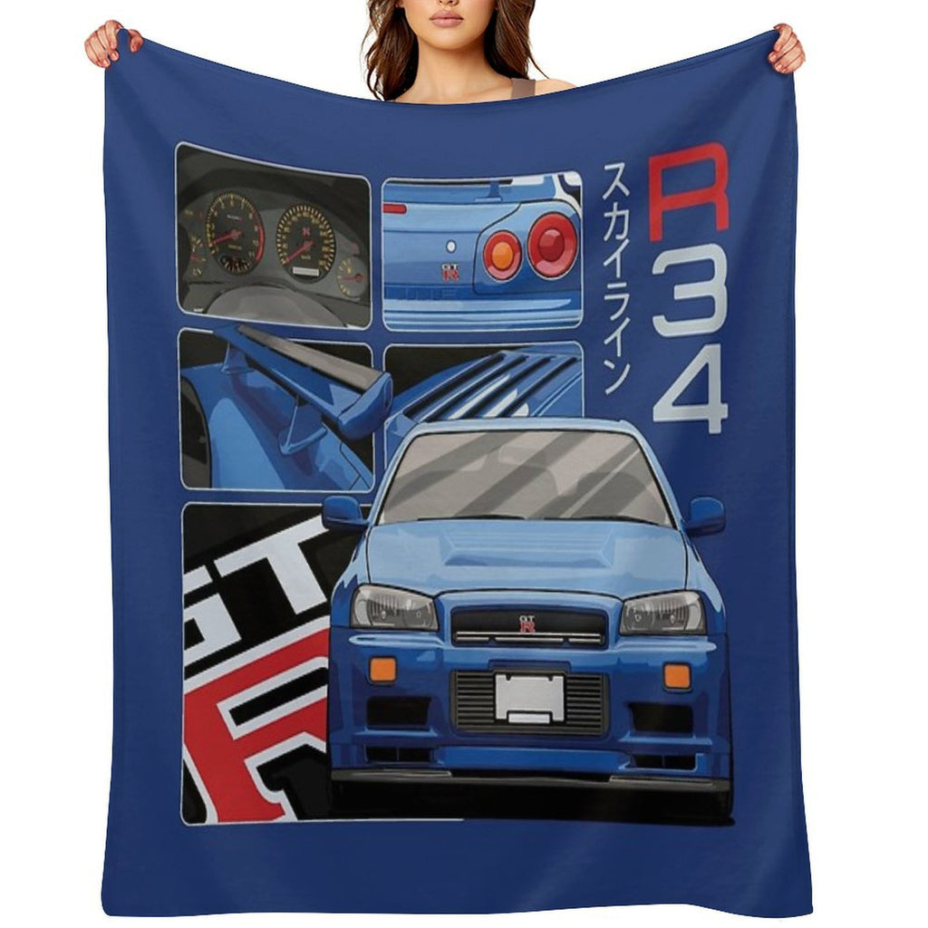 Skyline GTR R34 Blue Drawing Vector Travel-friendly Throw Blanket