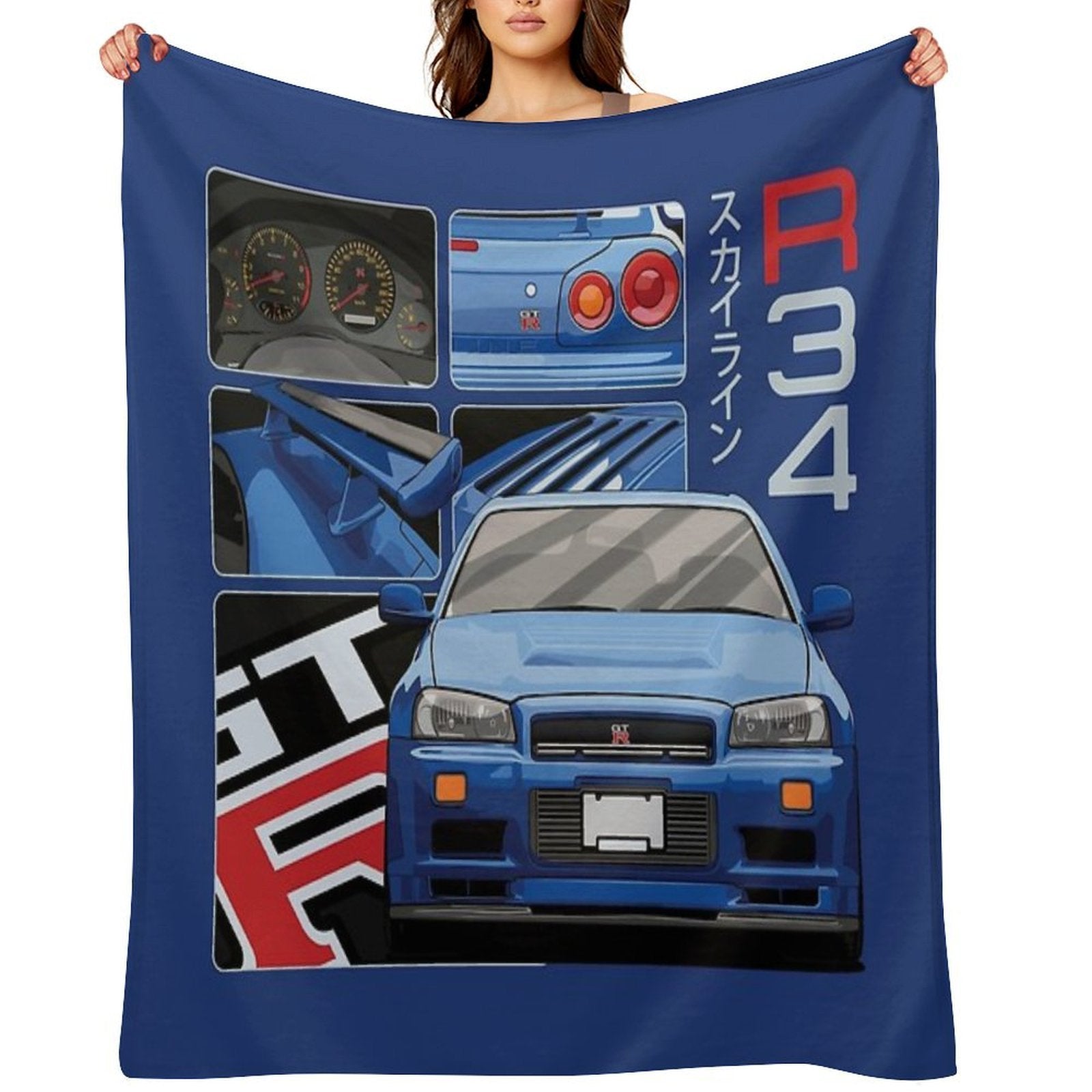 Skyline GTR R34 Blue Drawing Vector Travel-friendly Throw Blanket