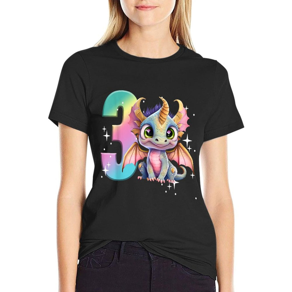 3rd Birthday Dragon Party Rainbow Girl Toddler Three 3  Wrinkle-resistant T-Shirt
