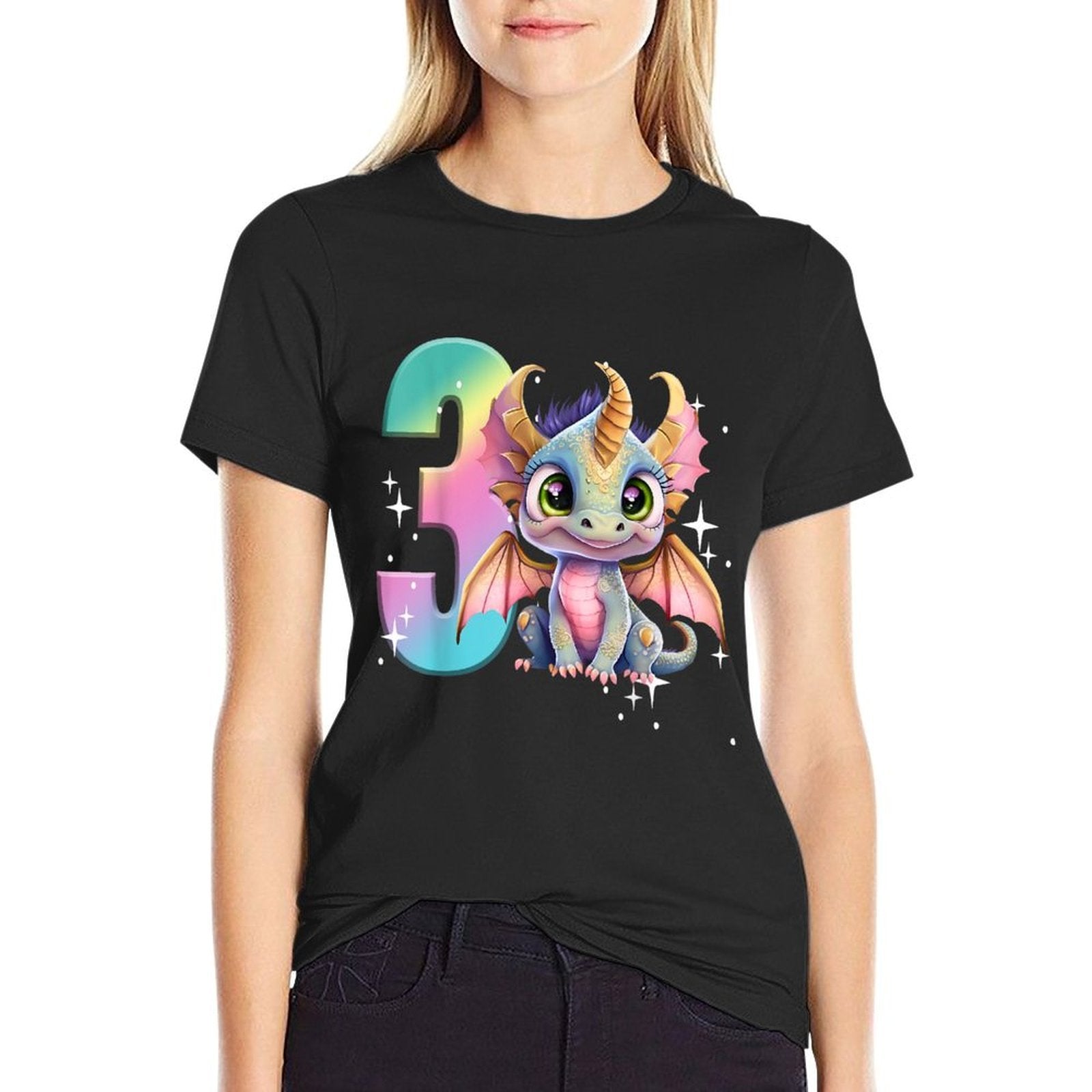 3rd Birthday Dragon Party Rainbow Girl Toddler Three 3  Wrinkle-resistant T-Shirt