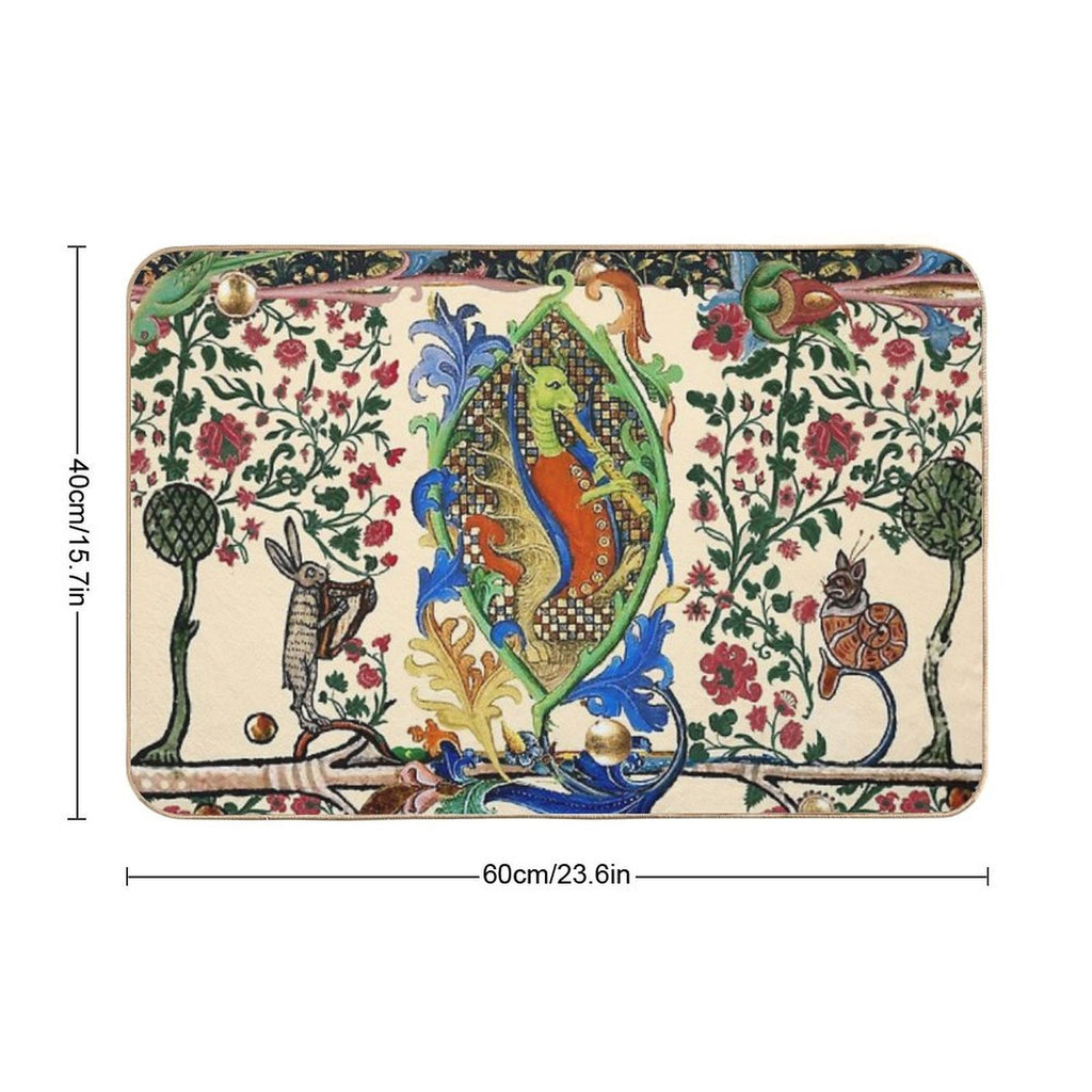 WEIRD MEDIEVAL BESTIARY MAKING MUSIC, Dragon Playing Flute ,Harpist Rabbit,Snail Cat  Rapid-Drying Bath Mat