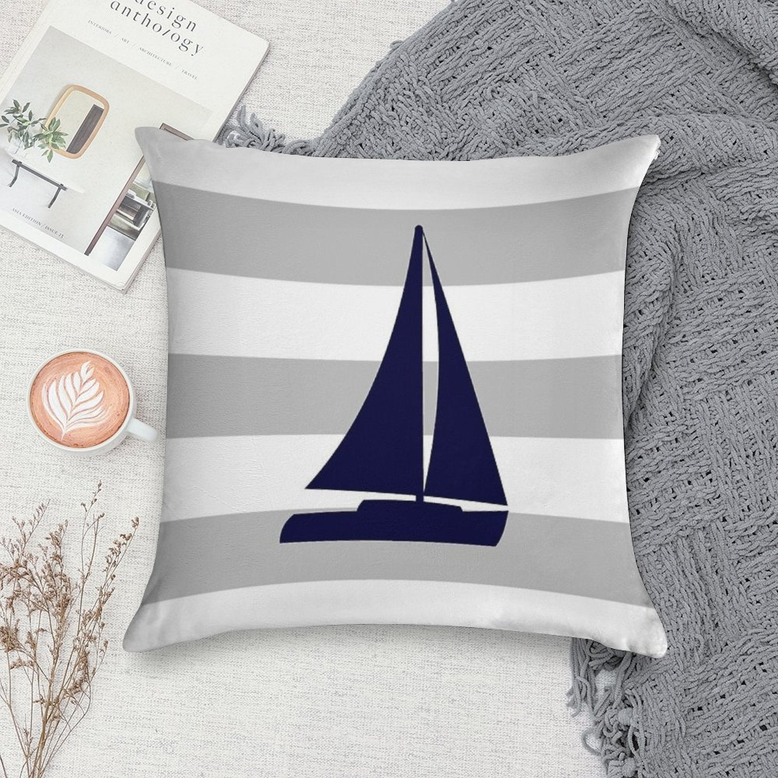Nautical Navy Blue Sailboat On Silver Gray Stripes Soft Washable Throw Pillow