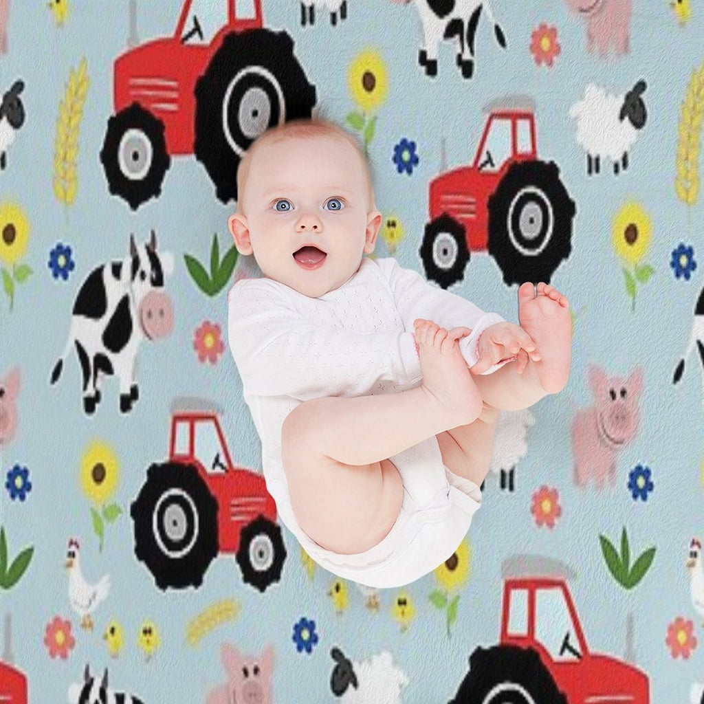 Cute Kids Red Tractor Farm Animal Pattern Cartoon Gift-ready Throw Blanket