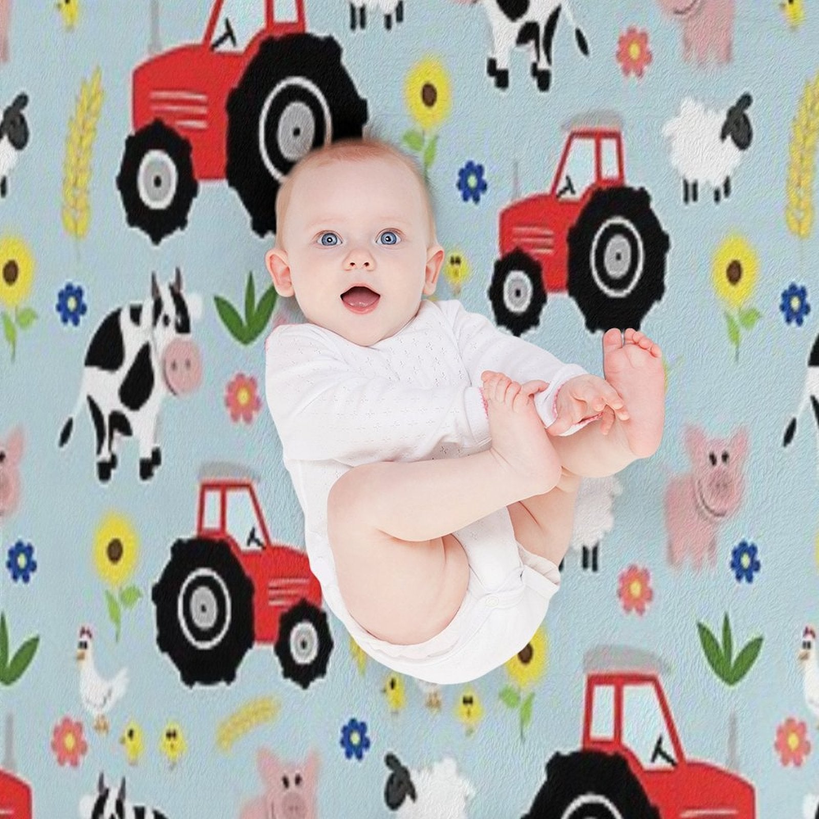 Cute Kids Red Tractor Farm Animal Pattern Cartoon Gift-ready Throw Blanket