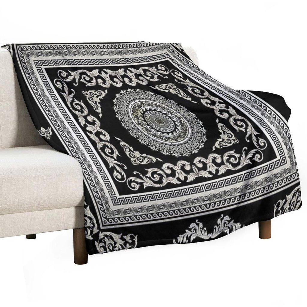 Ornate Greek Key Meander Black Cream  Medallion Comfort Throw Blanket