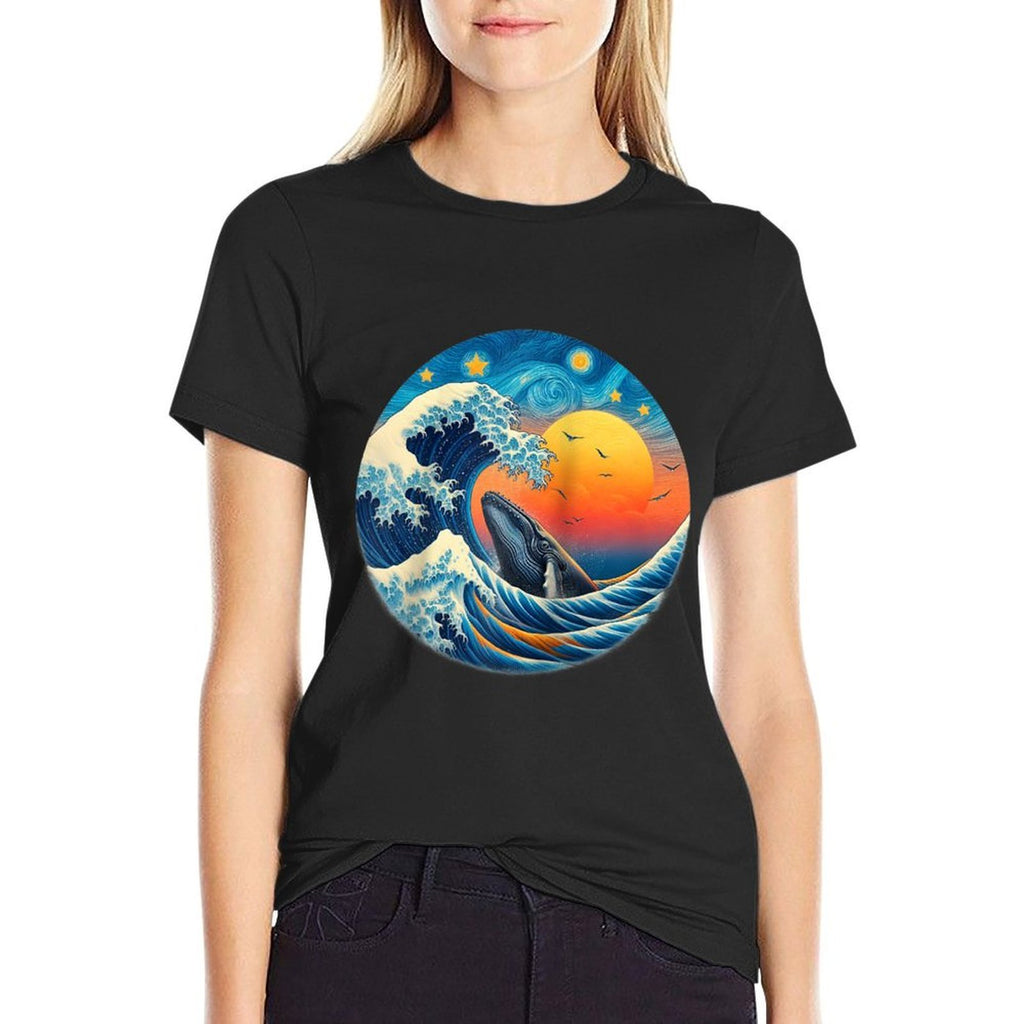 Sunset Whale Wave - Ocean, Starry Night, Sky, Van Gogh Style Raglan Baseball  Durable T-Shirt