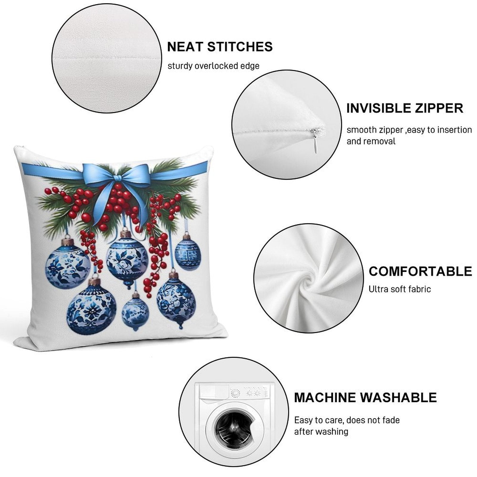 Chinoiserie Christmas Holiday. Blue And White Soft Shrink-Resistant Throw Pillow