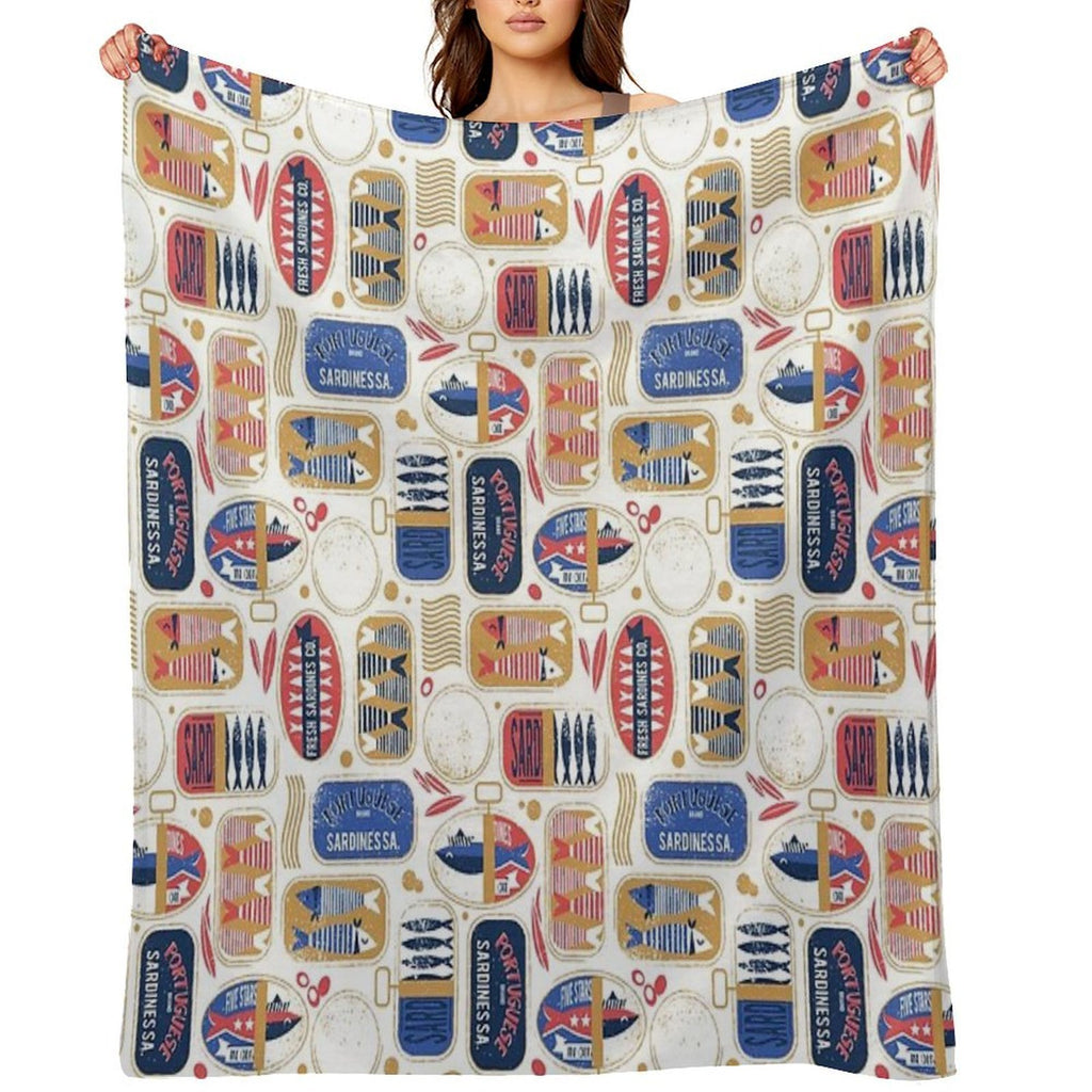 Vintage Canned Sardines  White Background Electric Blue And Mandy Red Cans Velvety-soft Throw Blanket