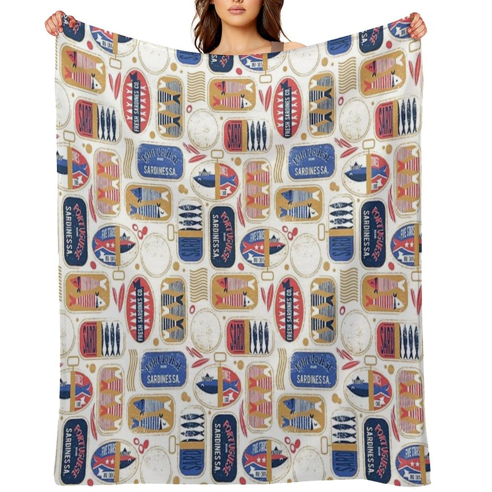 Vintage Canned Sardines  White Background Electric Blue And Mandy Red Cans Velvety-soft Throw Blanket