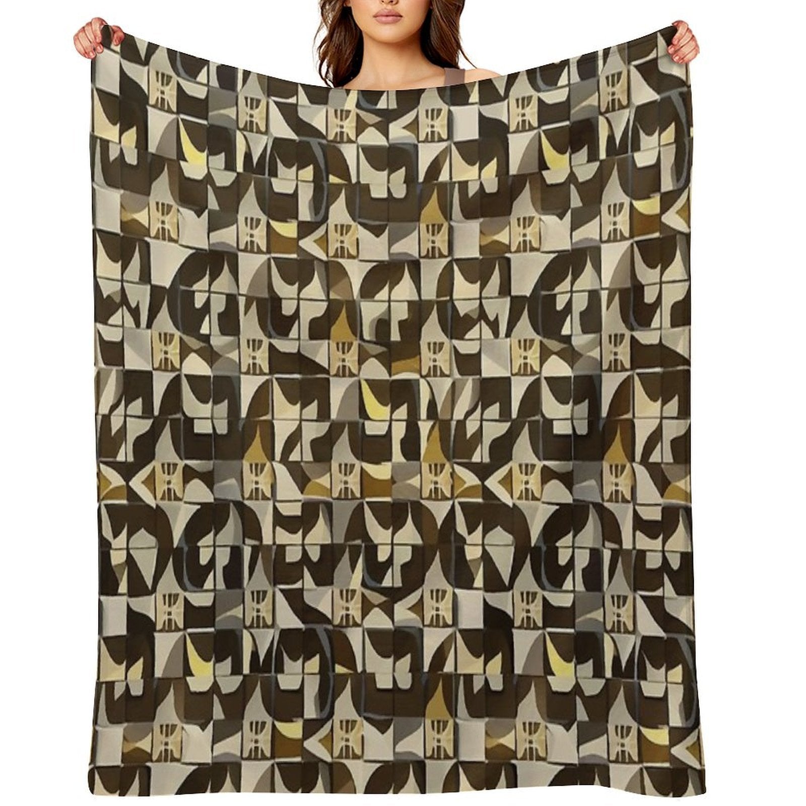 Retro Tile Pattern Brown Shades with Little White, Silver And Beige All-season Throw Blanket