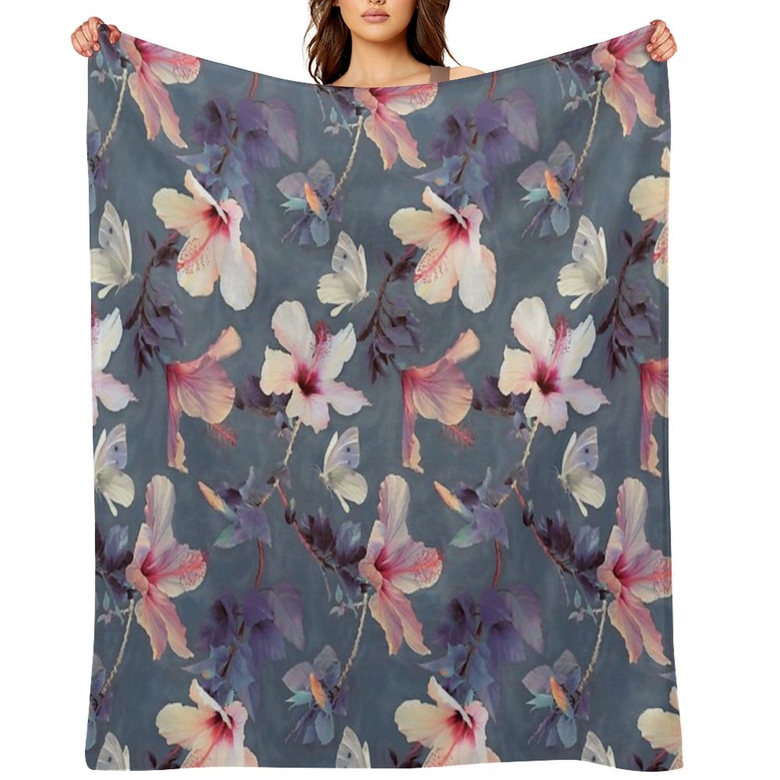 Butterflies And Hibiscus Flowers - A Painted Pattern Plush Throw Blanket