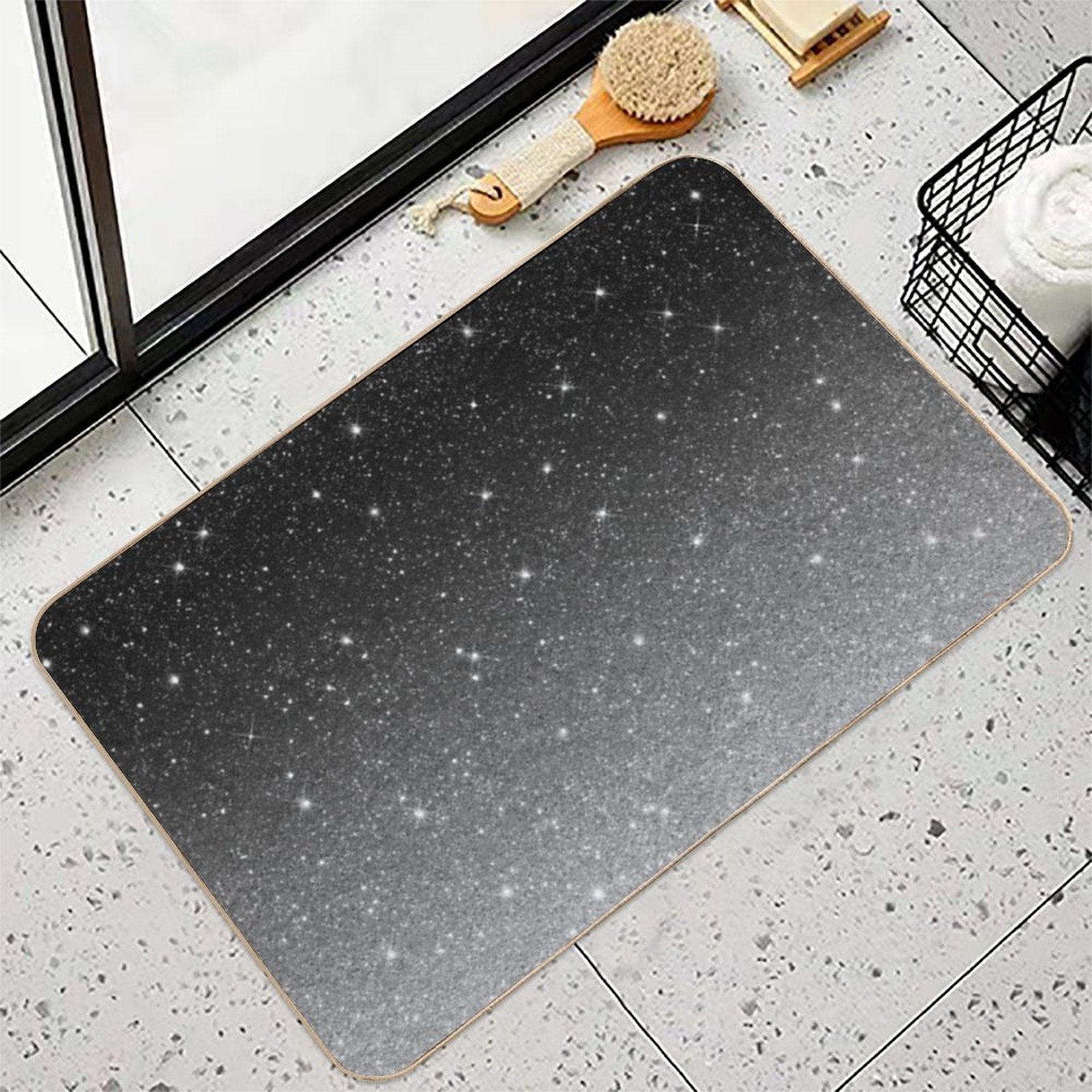 Black Silver Grey Sparkle Ombre Glitter  Easy Maintenance Bath Mat