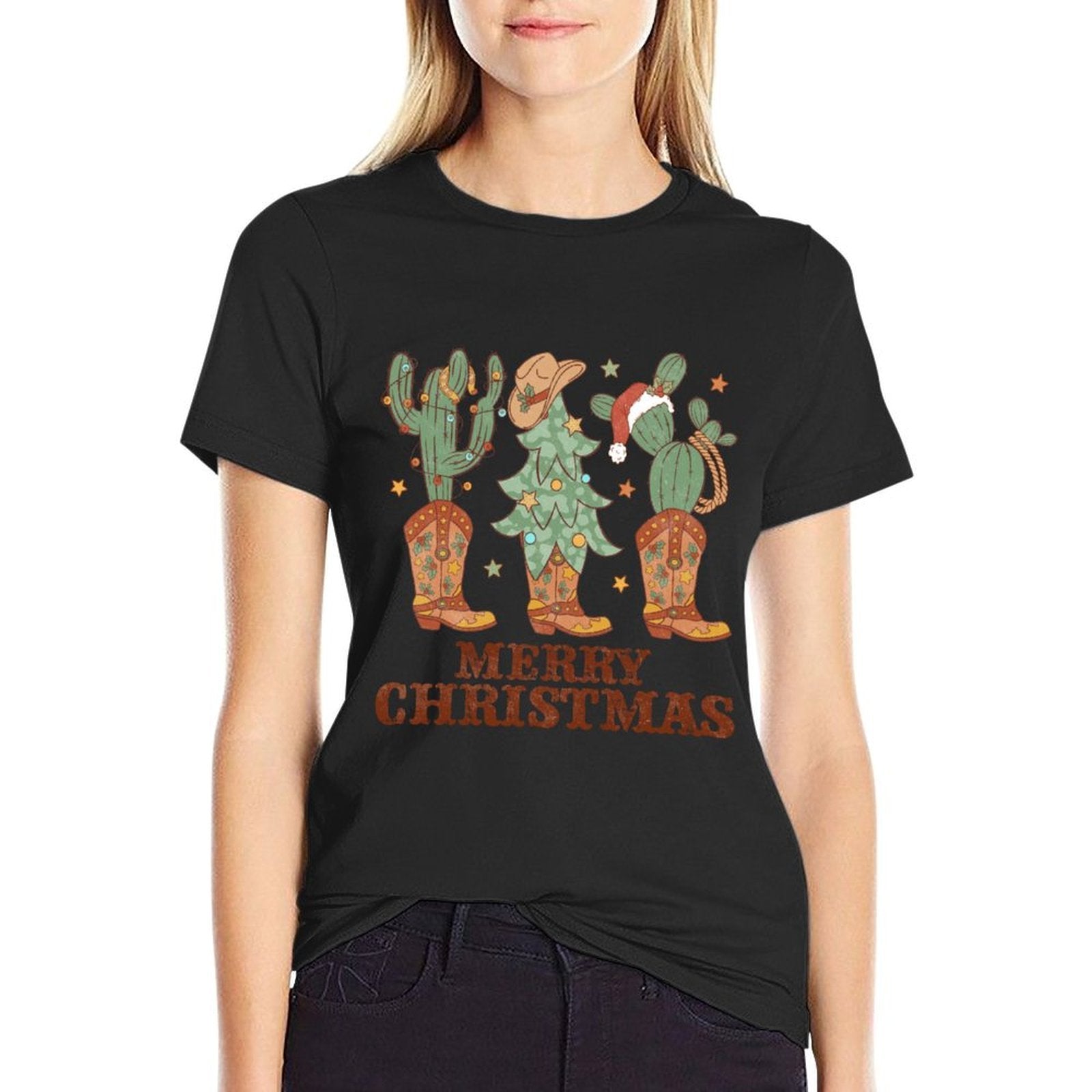 Merry Christmas Western Boots Trees Cactus Retro Hat Sweatshirt  Heathered Texture T-Shirt