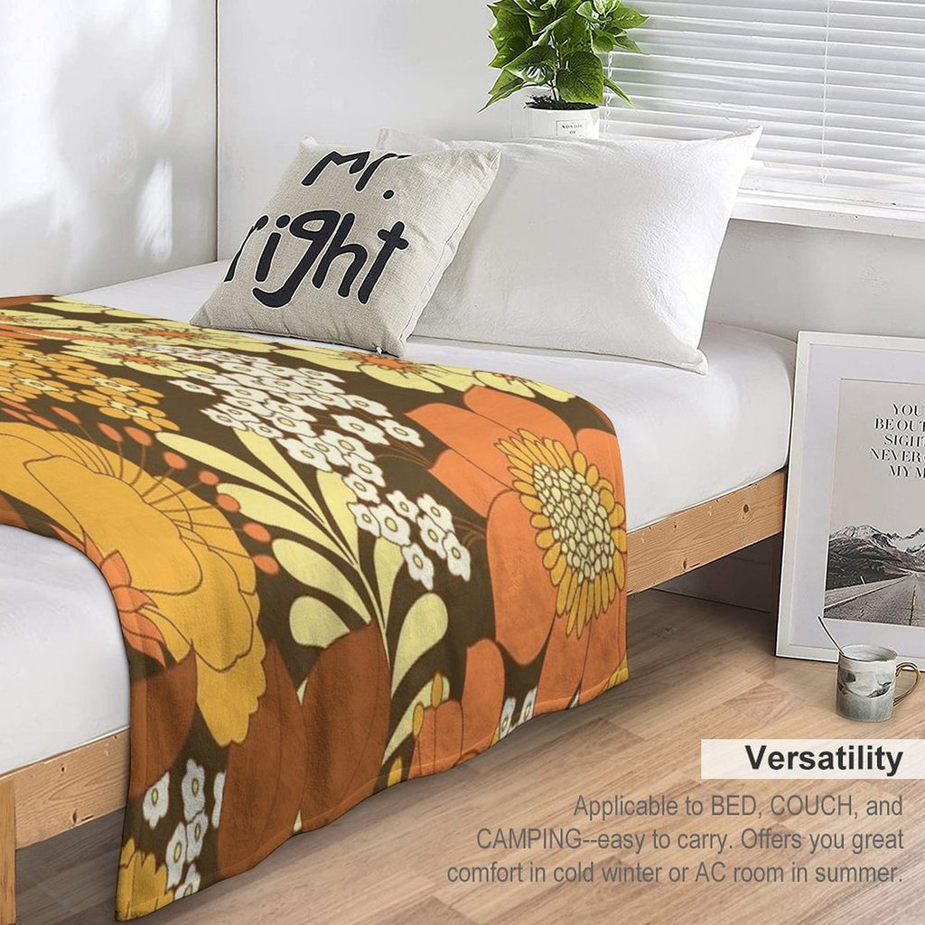 Brown, Yellow, Orange & Ivory Retro Flowers Premium Throw Blanket