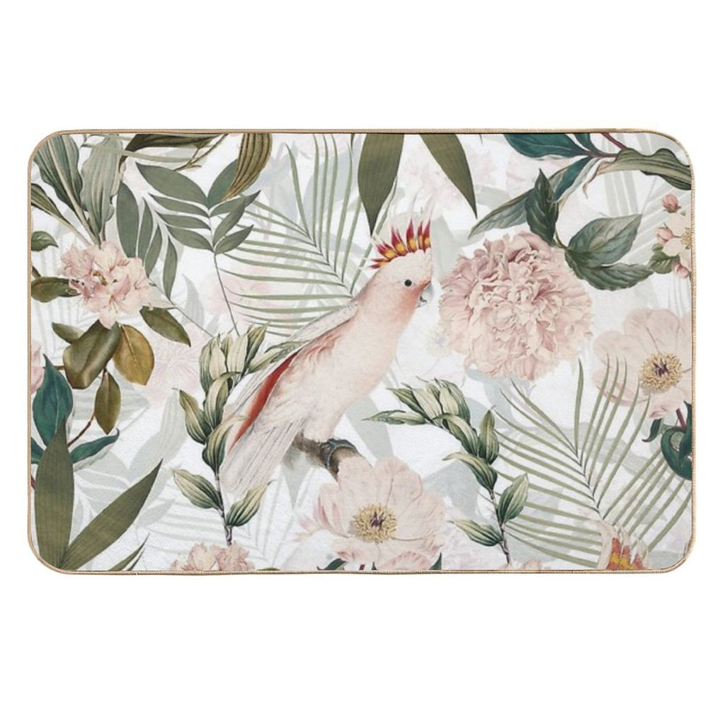 Tropical Cockatoo And Jungle Botanical Garden Pattern - White  Non-Slip Bath Mat
