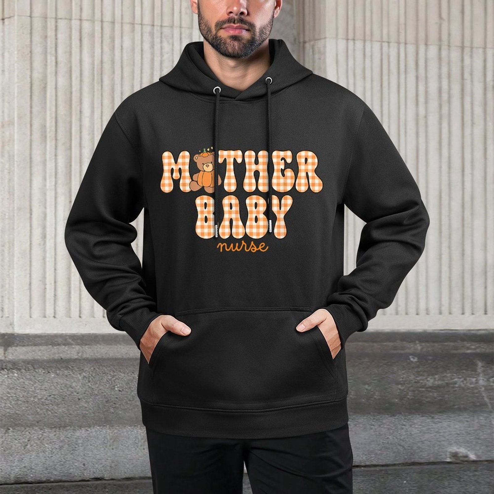 Mother Baby Nurse Fall Bear Pumpkin Mother Baby Unit Kangaroo Pocket Hoodie