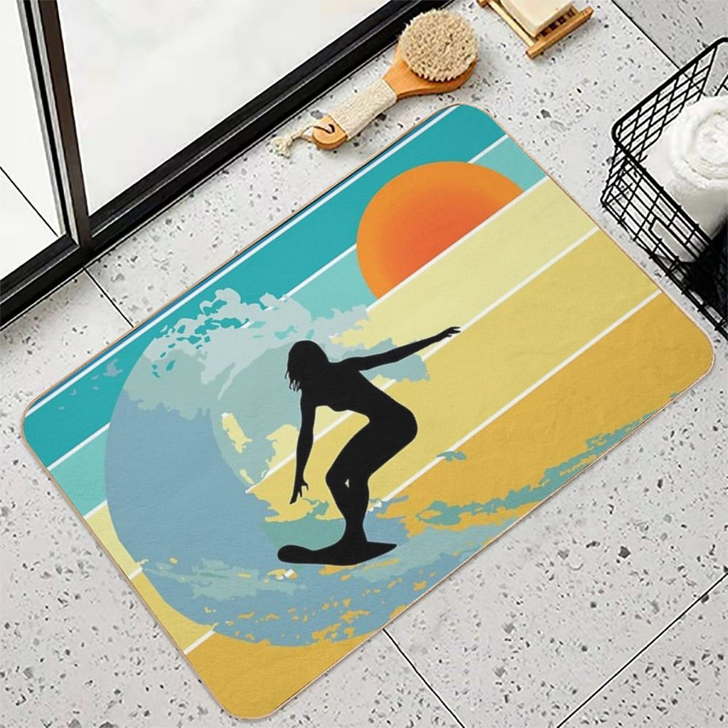 Sorry, I Can't, I Have A Board Meeting, Surfer Girl Silhouette at Sunset  Easy Maintenance Bath Mat
