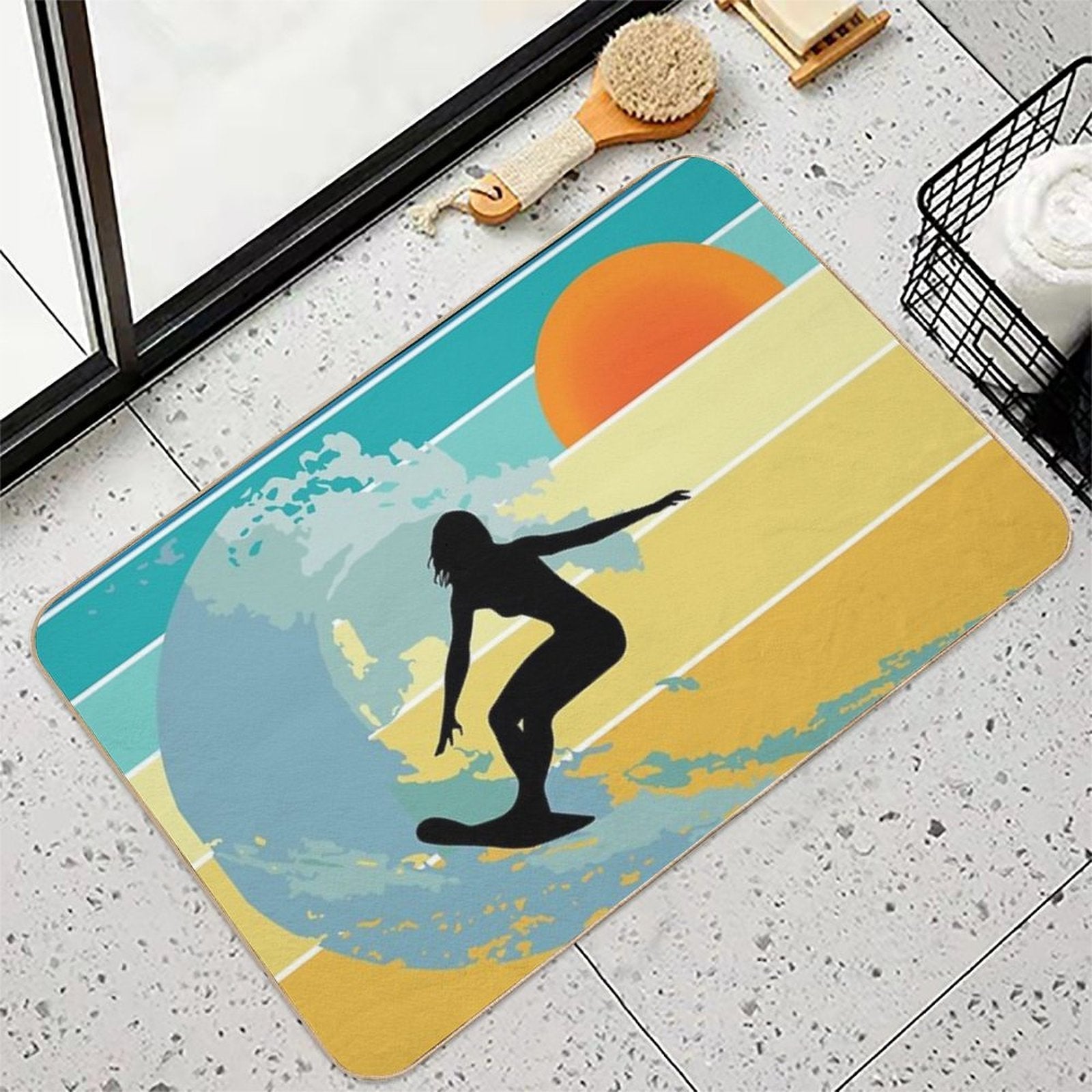 Sorry, I Can't, I Have A Board Meeting, Surfer Girl Silhouette at Sunset  Easy Maintenance Bath Mat