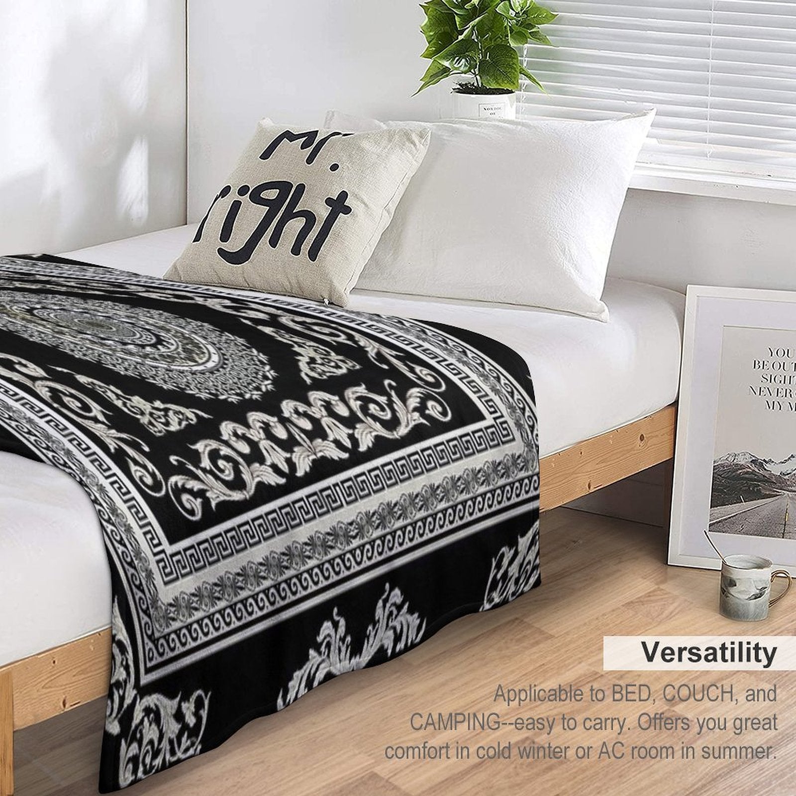 Ornate Greek Key Meander Black Cream  Medallion Comfort Throw Blanket