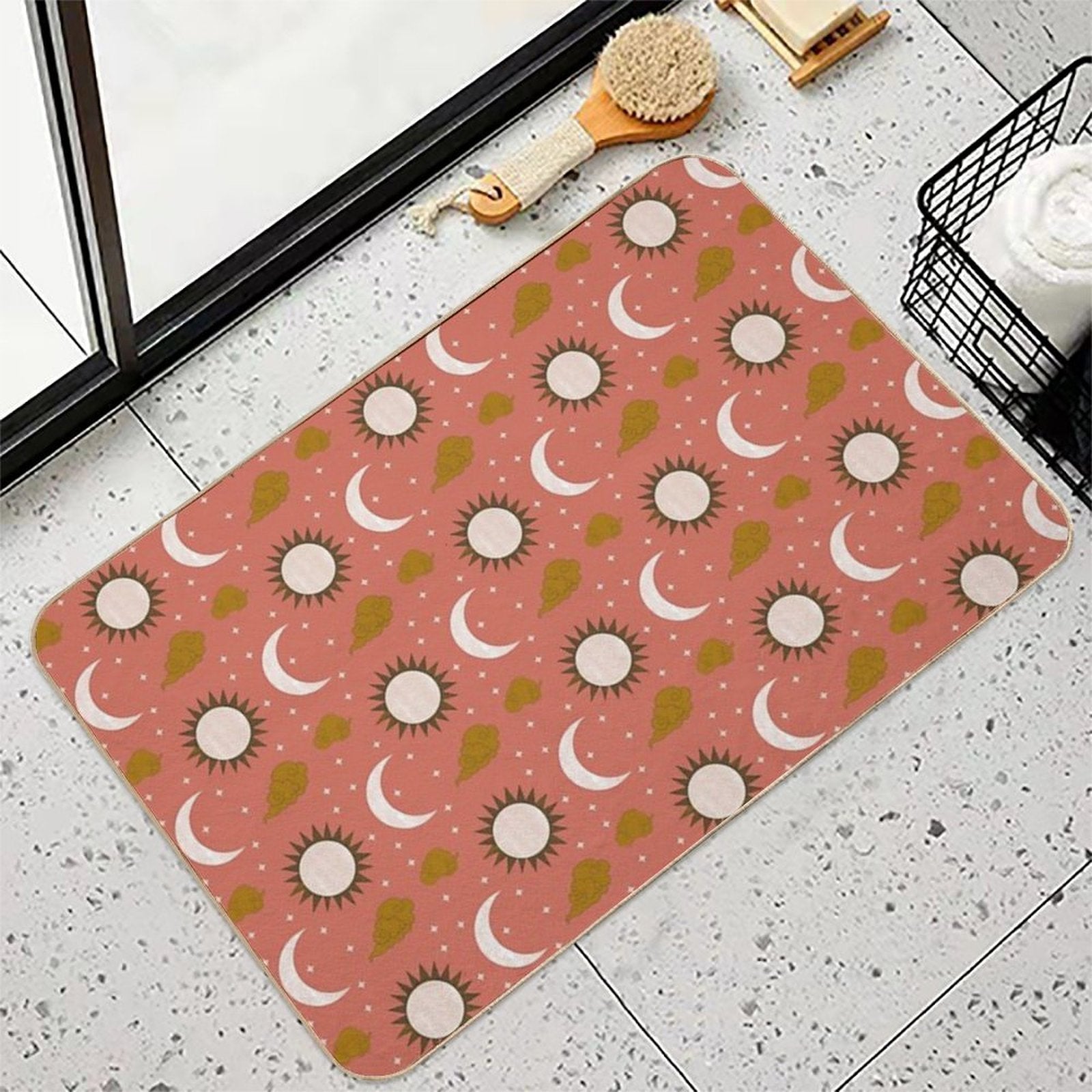 Blush Orange Gold Brown And White Sun And Moon Print  Anti-Trip Bath Mat