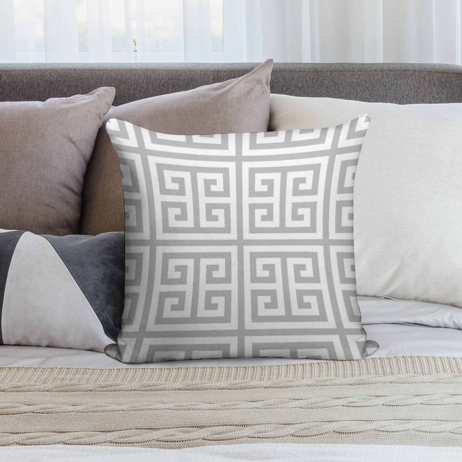 Greek Key Silver Gray And White Pattern Soft Warmth Comfort Throw Pillow