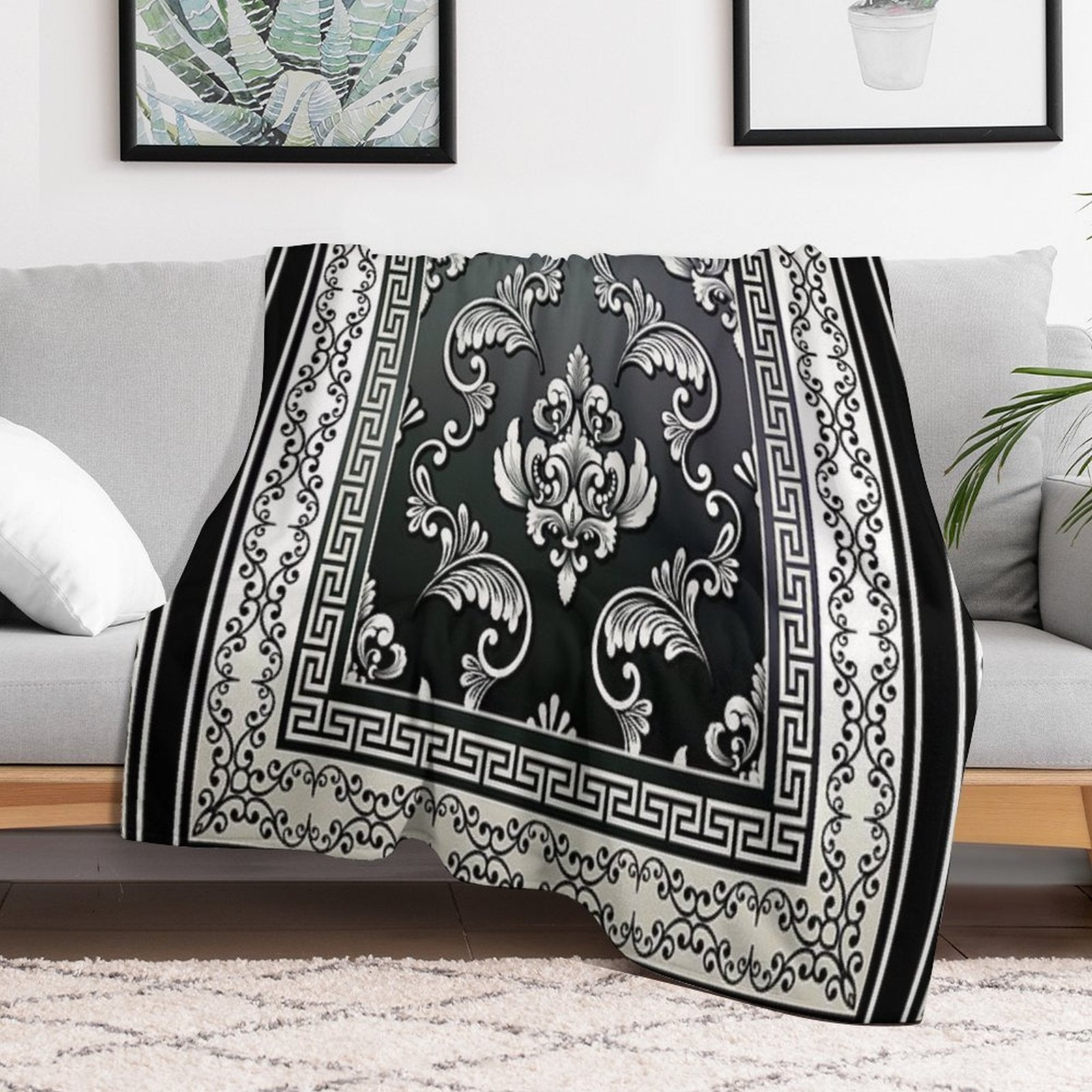 Greek Key Black And Cream Floral Pattern Travel-friendly Throw Blanket