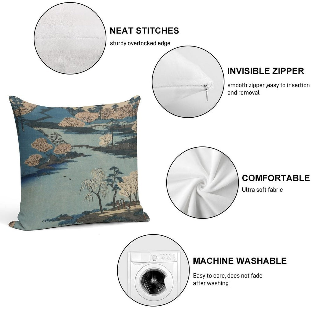 Vintage 1800's Japanese River Landscape Art Soft Gift Ready Throw Pillow