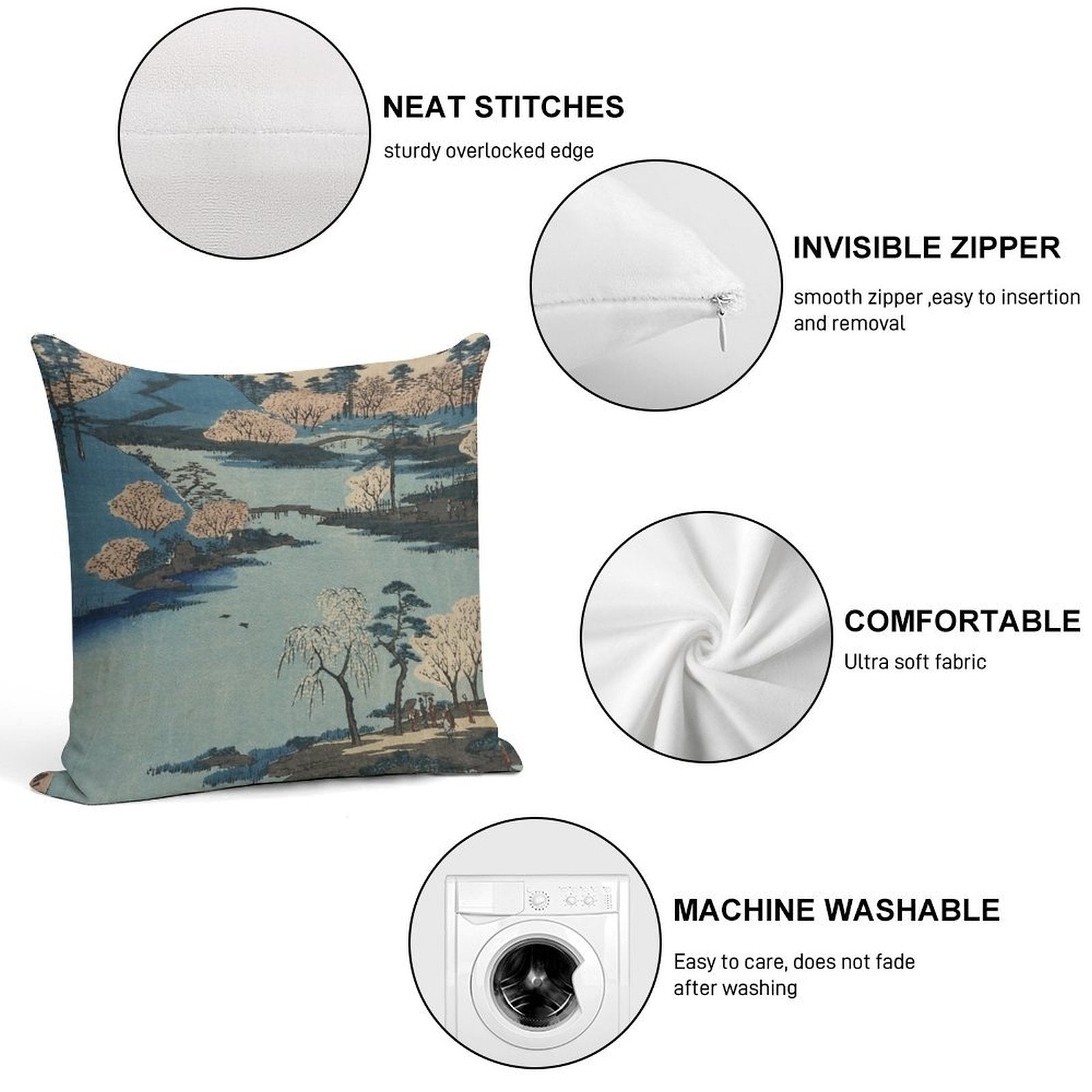 Vintage 1800's Japanese River Landscape Art Soft Gift Ready Throw Pillow