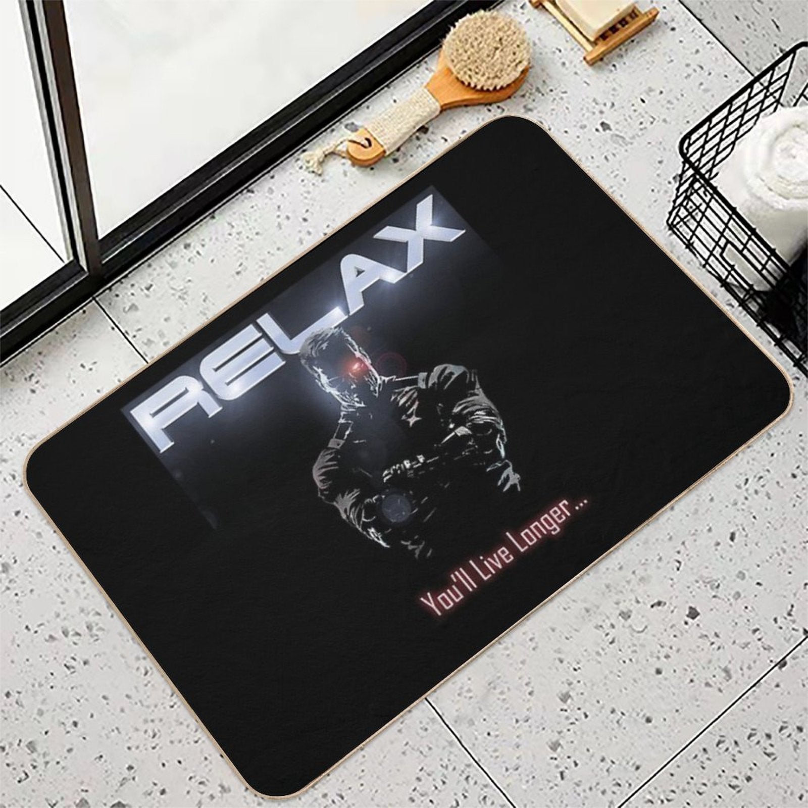 Badass Funny Terminator Relax Advice Illustration  Fade-Resistant Bath Mat