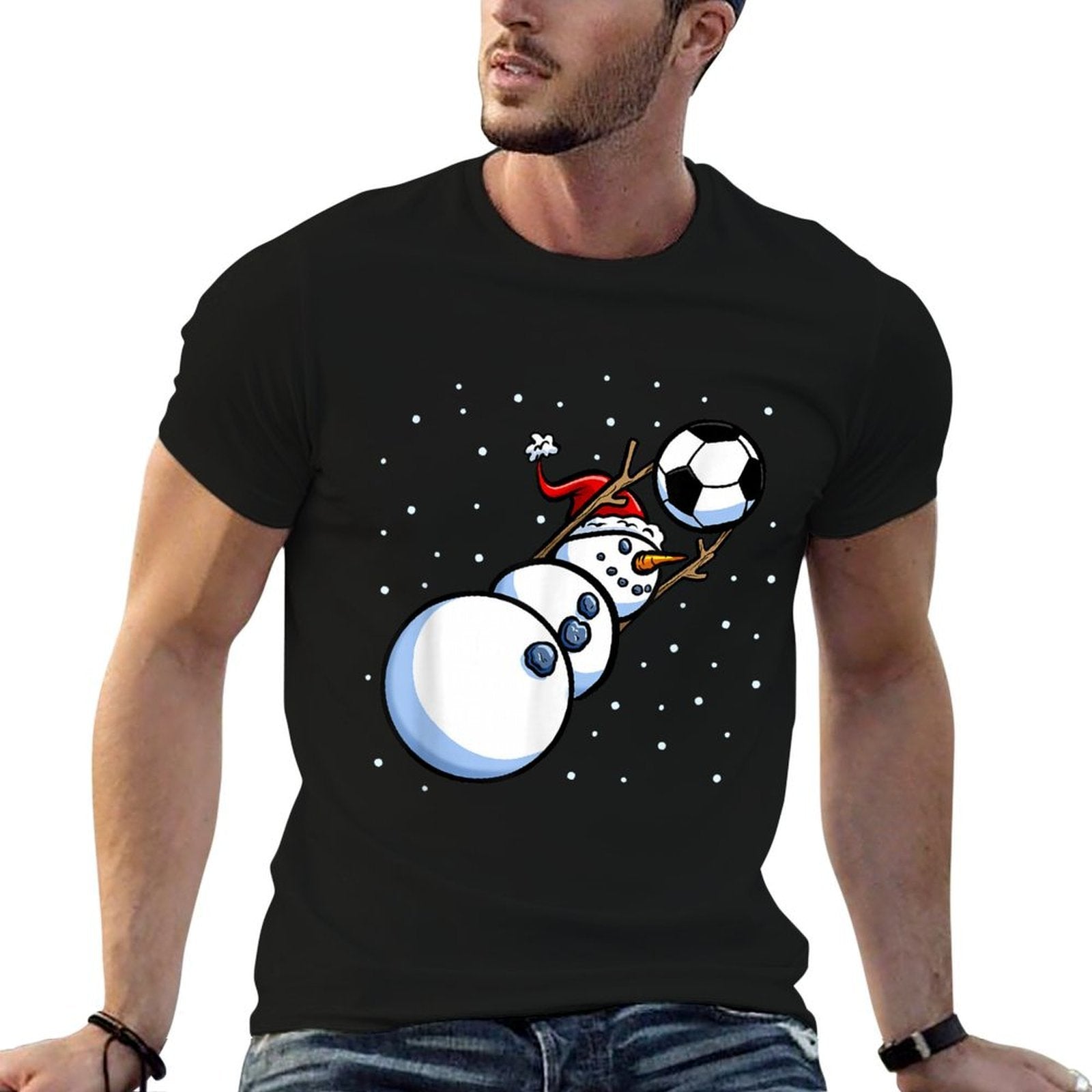 Christmas Boys Men Xmas Goalkeeper Soccer Snowman  High-quality Stitching T-Shirt