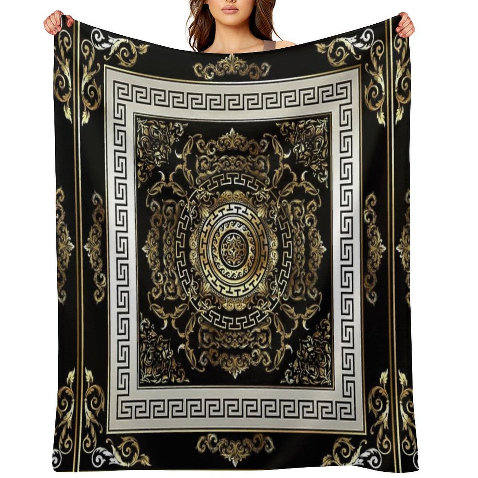Ornate Baroque Filigree Black Cream Greek Key Meander Quick-dry Throw Blanket