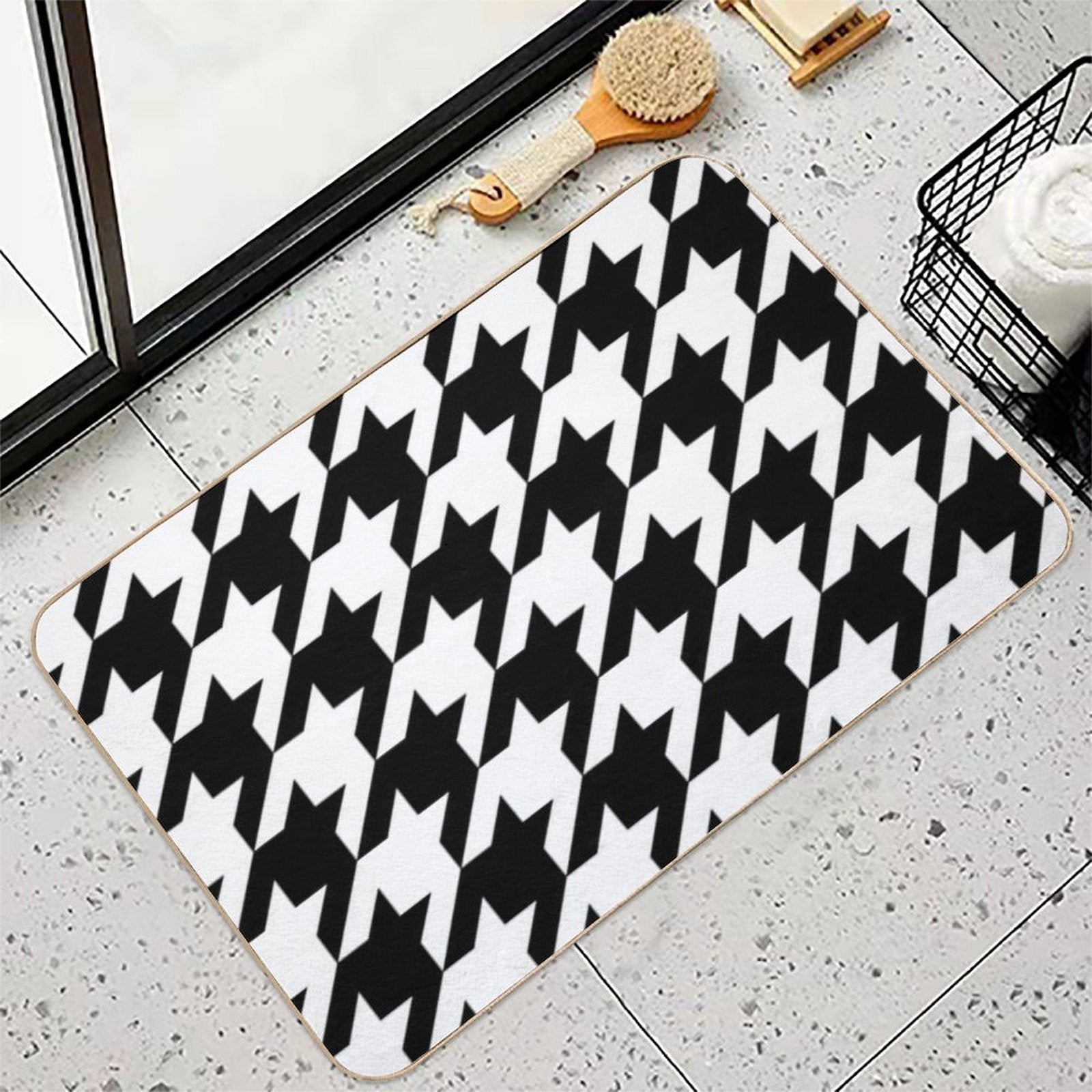 Preppy 1980s Geometric Pattern Trendy Black And White Houndstooth  Multi-Purpose Bath Mat